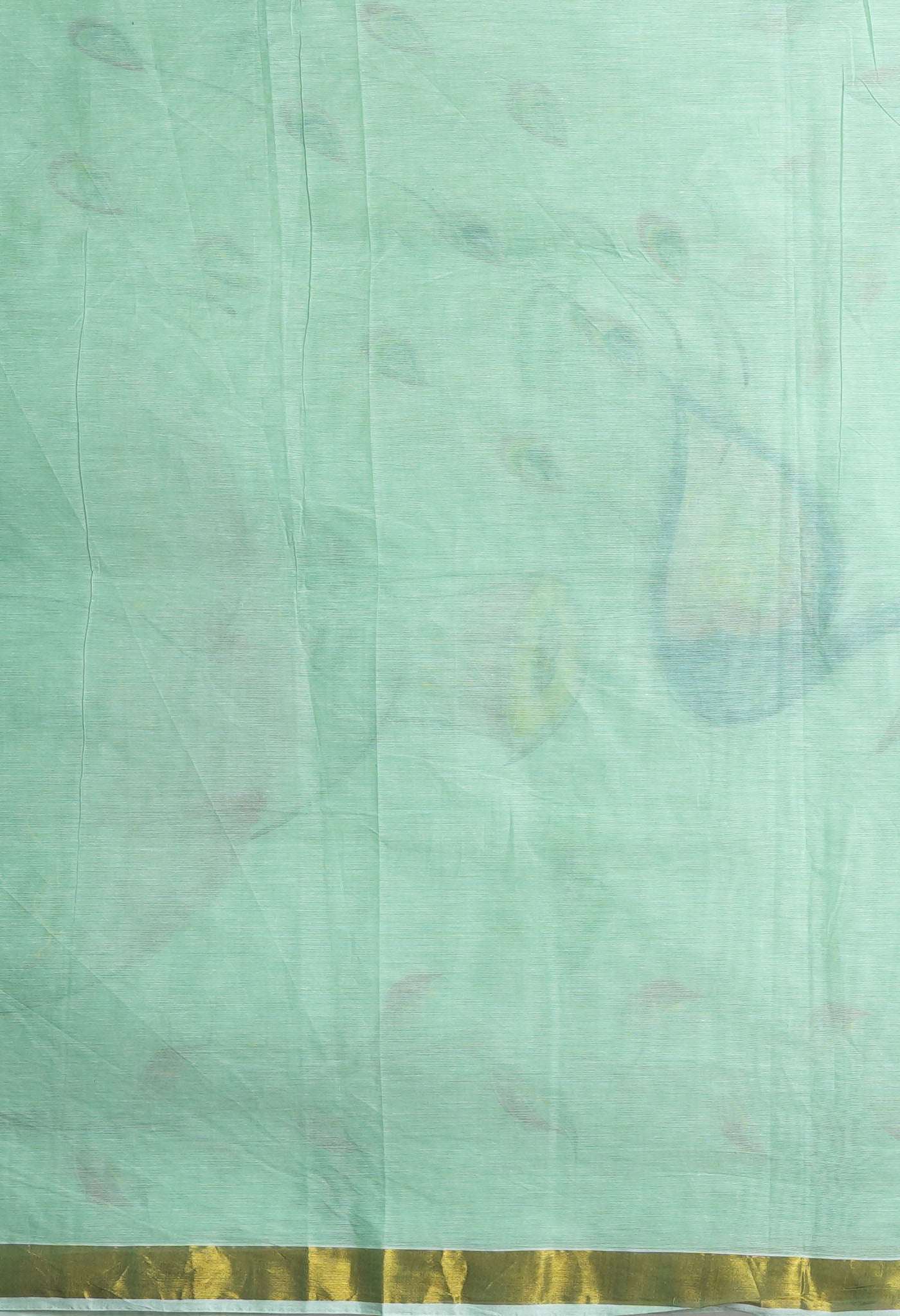 Ivory-Mint Green Pure Brush Painted Kerala Kasavu Cotton Saree-UNM82329