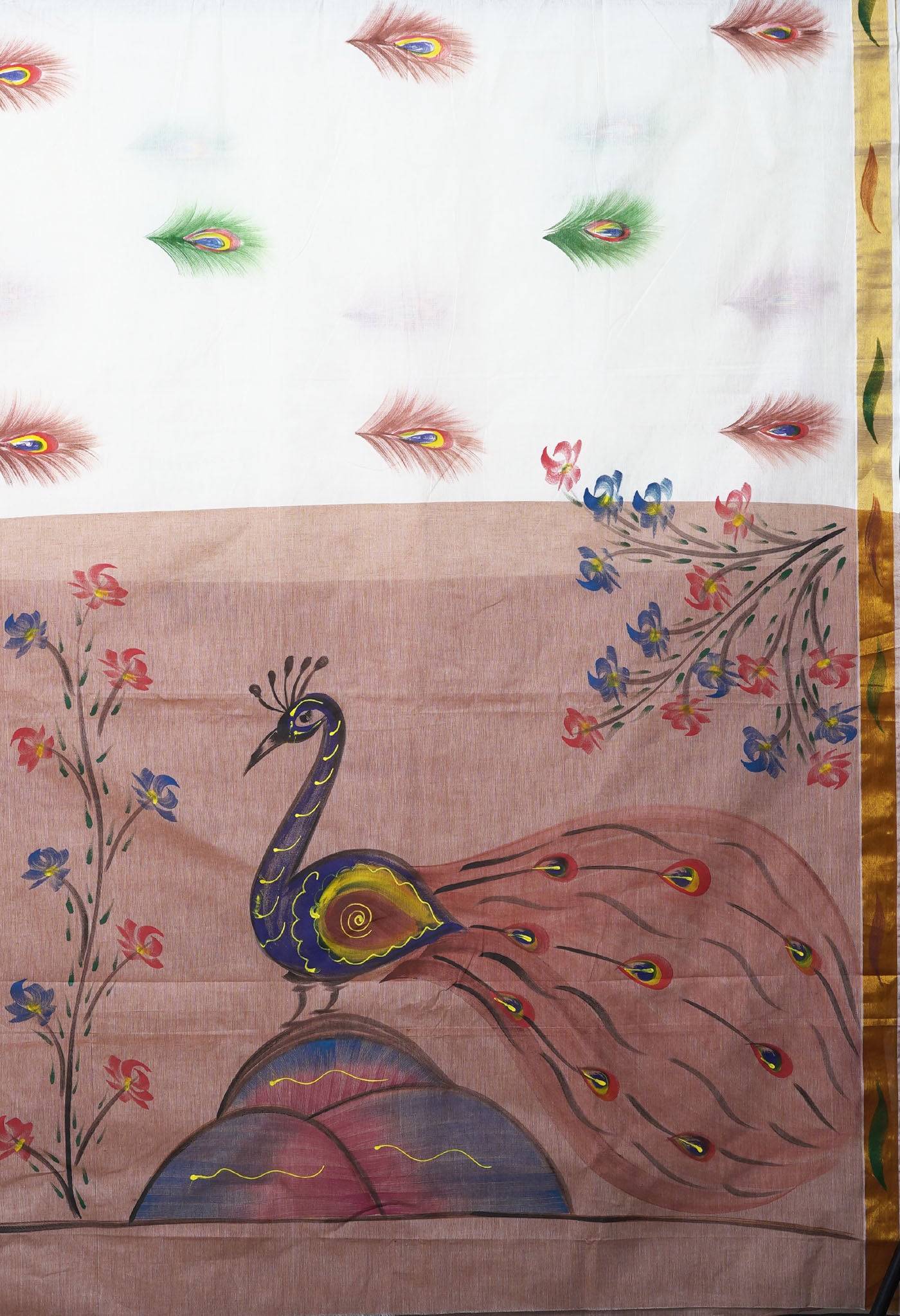Ivory-Pale Orange Pure Brush Painted Kerala Kasavu Cotton Saree-UNM82330
