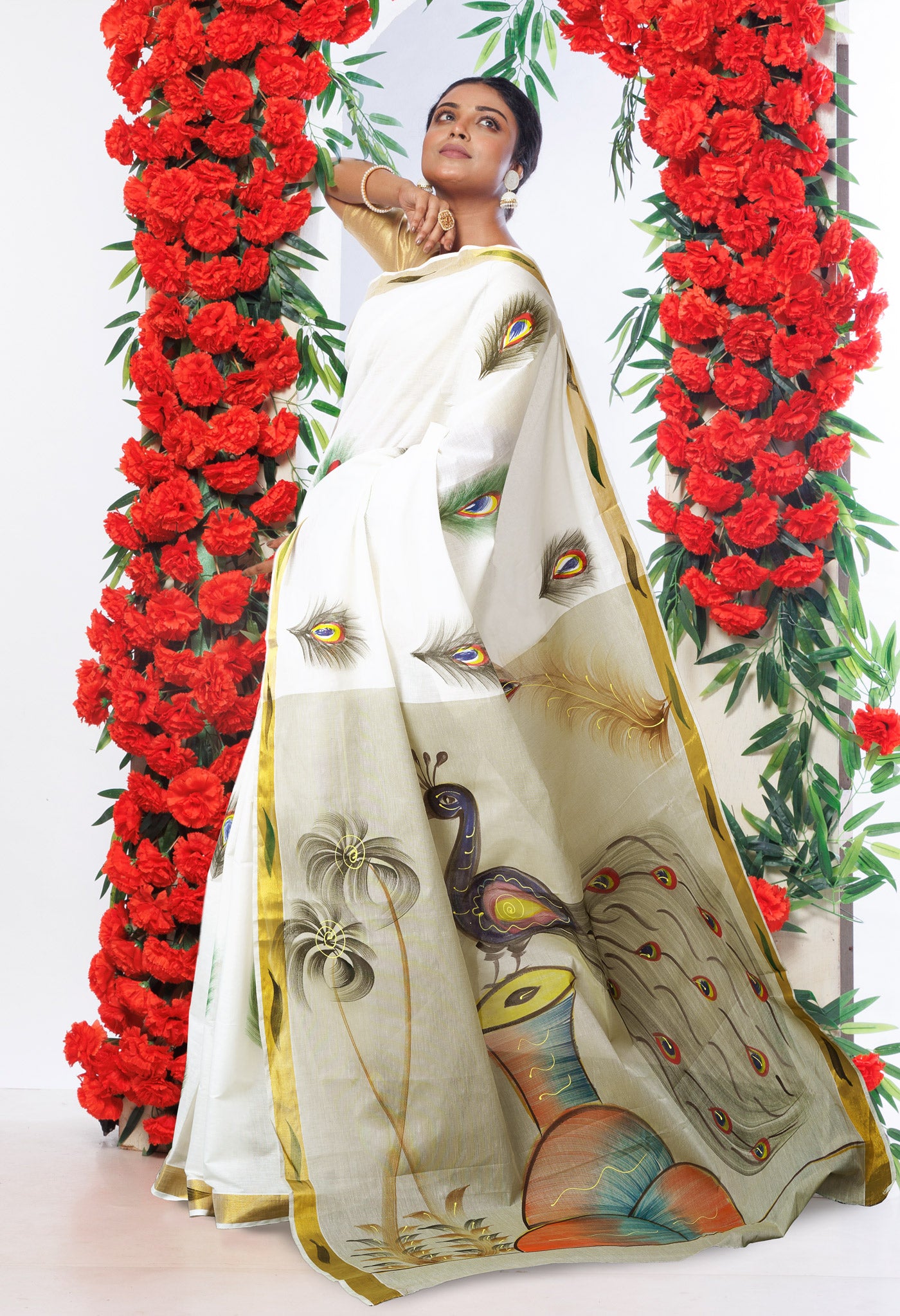 Ivory-Pale Olive Green Pure Brush Painted Kerala Kasavu Cotton Saree-UNM82331