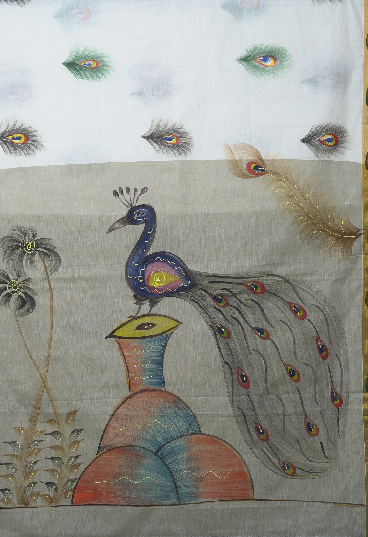 Ivory-Pale Olive Green Pure Brush Painted Kerala Kasavu Cotton Saree-UNM82331