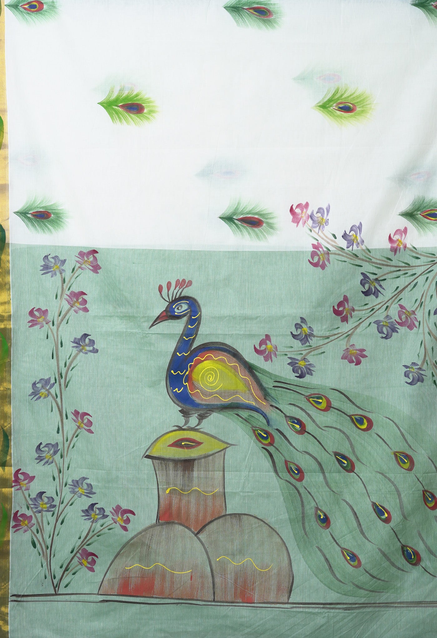 Ivory-Pale Green Pure Brush Painted Kerala Kasavu Cotton Saree-UNM82332