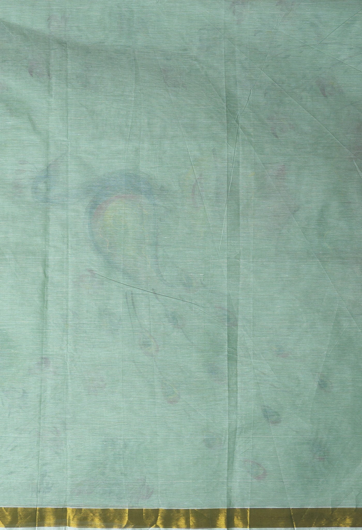 Ivory-Pale Green Pure Brush Painted Kerala Kasavu Cotton Saree-UNM82332