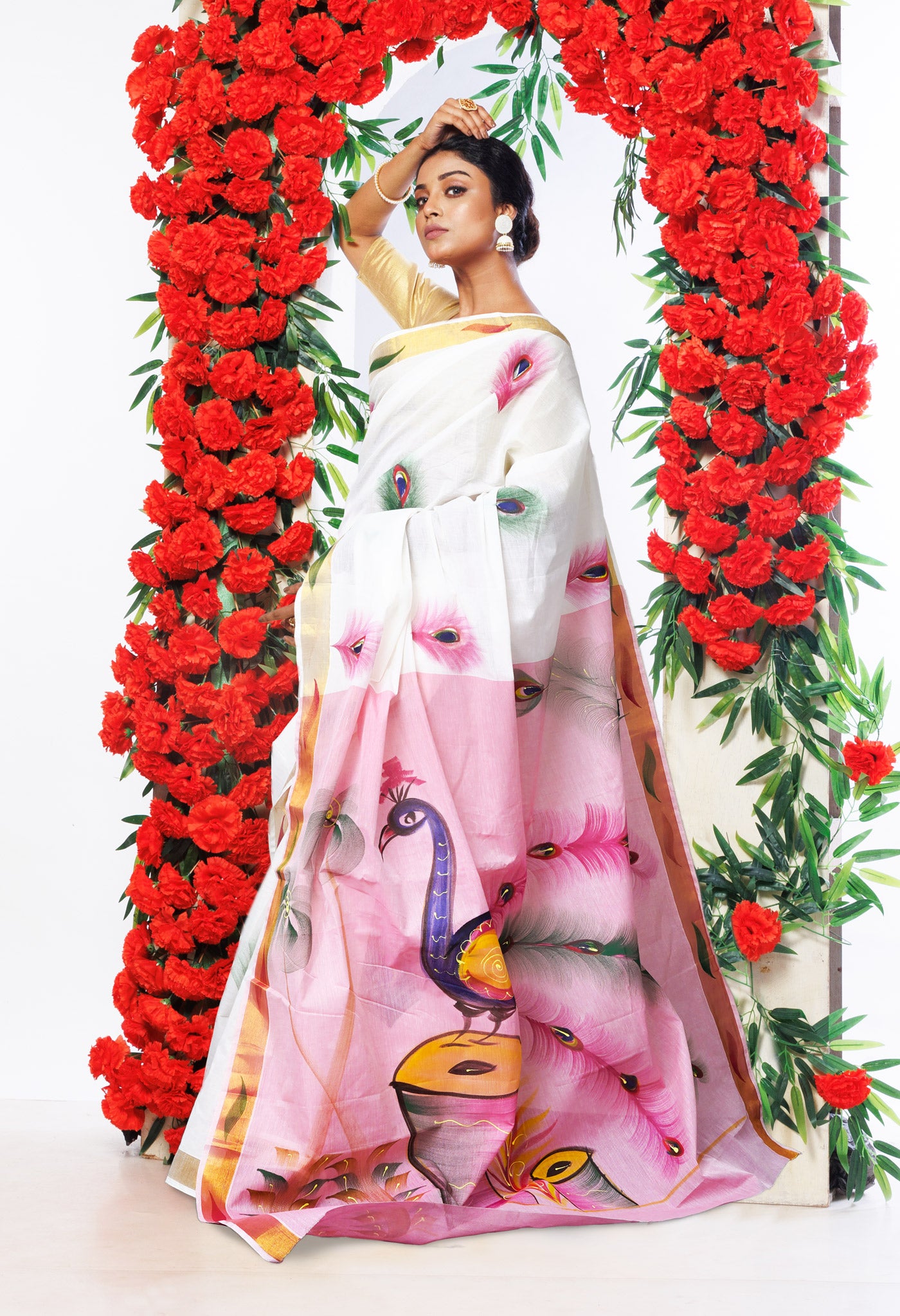 Ivory-Baby Pink Pure Brush Painted Kerala Kasavu Cotton Saree-UNM82333