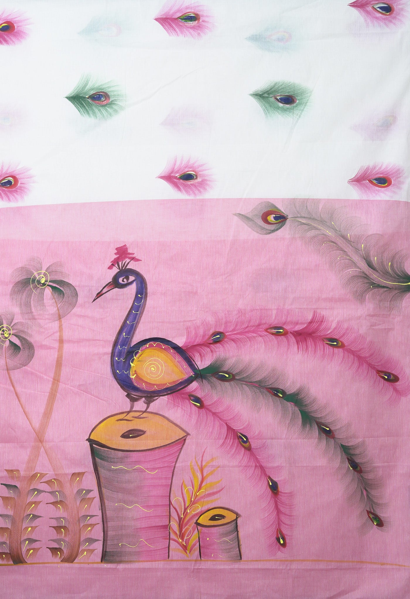 Ivory-Baby Pink Pure Brush Painted Kerala Kasavu Cotton Saree-UNM82333