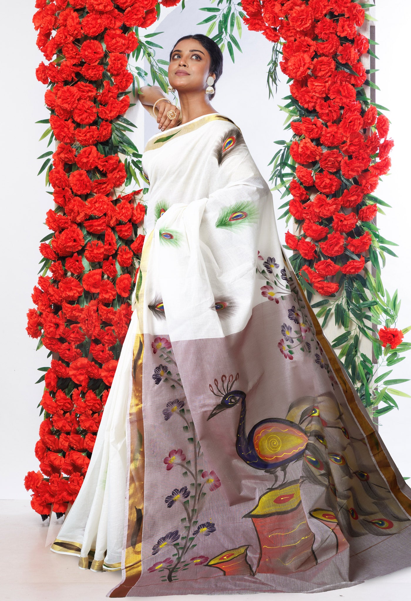 Ivory-Pale Maroon Pure Brush Painted Kerala Kasavu Cotton Saree-UNM82334