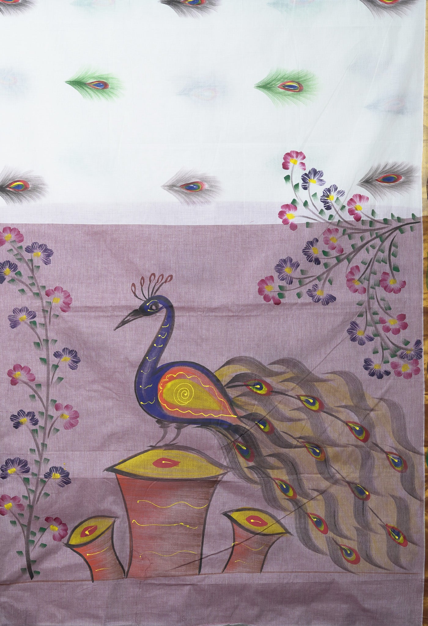 Ivory-Pale Maroon Pure Brush Painted Kerala Kasavu Cotton Saree-UNM82334