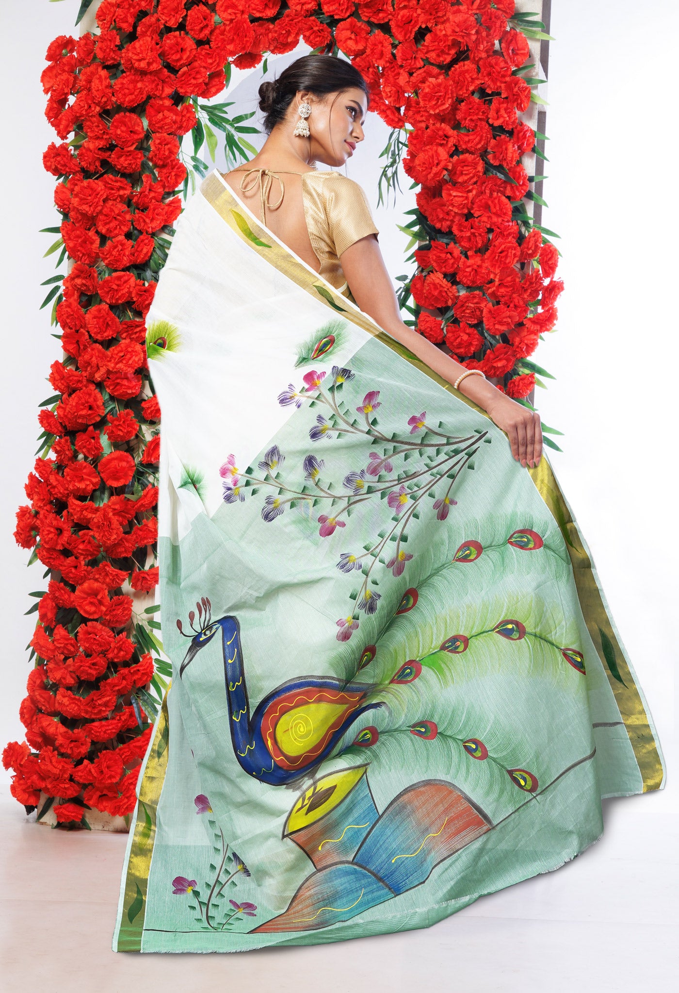Ivory-Pale Green Pure Brush Painted Kerala Kasavu Cotton Saree-UNM82335