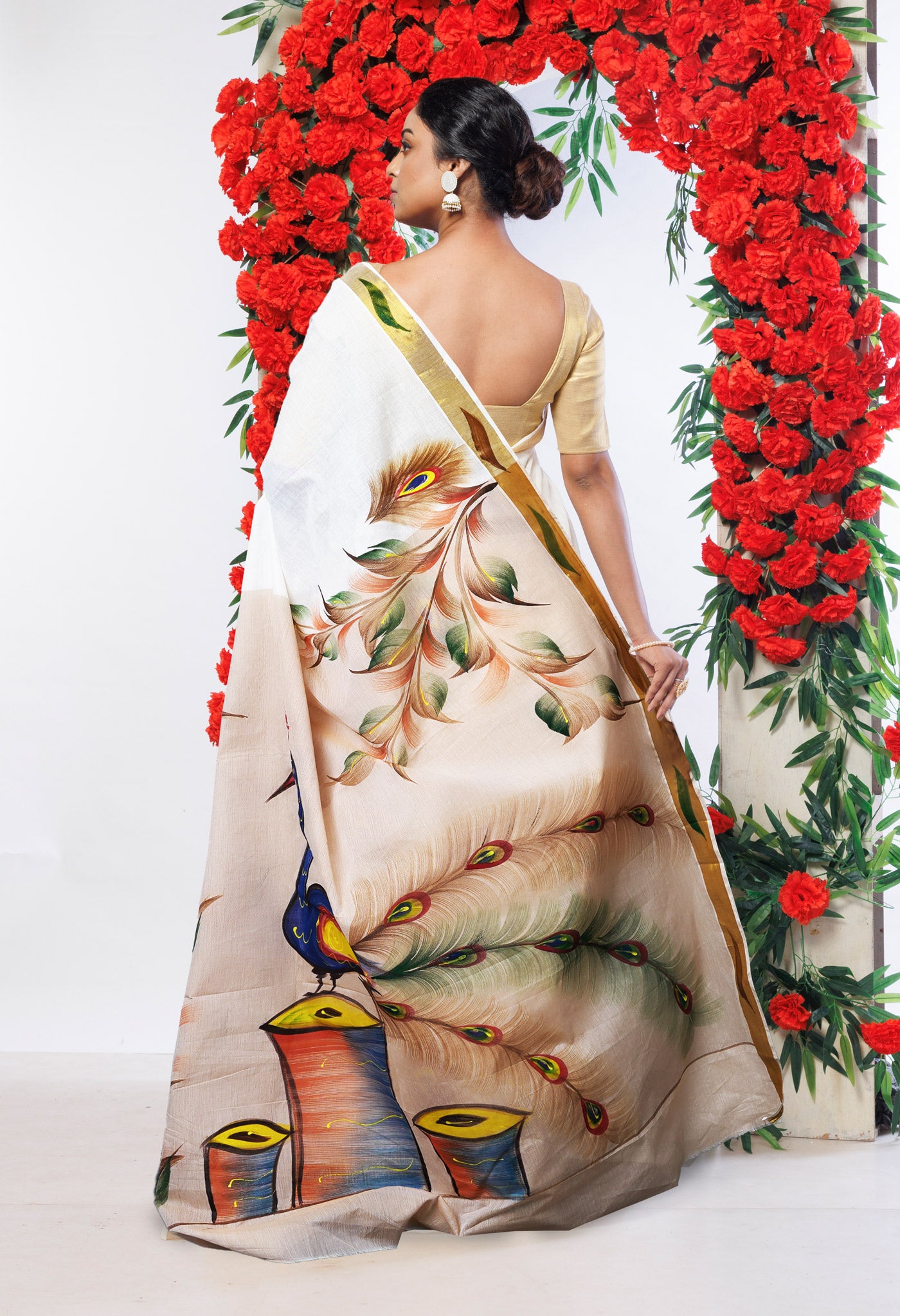Ivory-Beige Pure Brush Painted Kerala Kasavu Cotton Saree-UNM82336