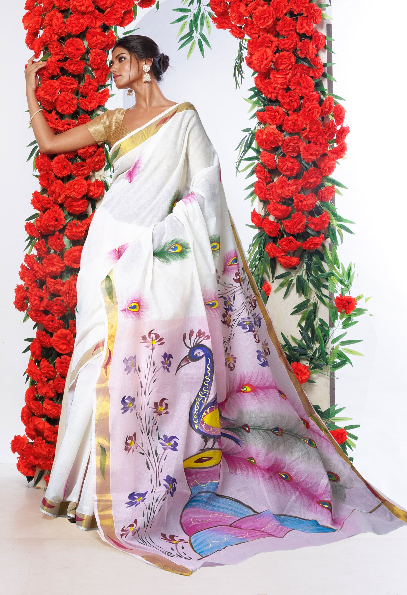 Ivory-Baby Pink Pure Brush Painted Kerala Kasavu Cotton Saree-UNM82337