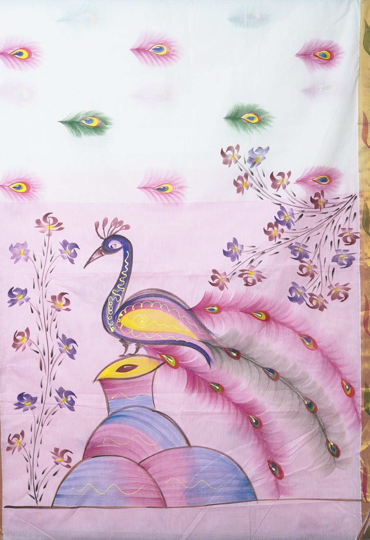 Ivory-Baby Pink Pure Brush Painted Kerala Kasavu Cotton Saree-UNM82337