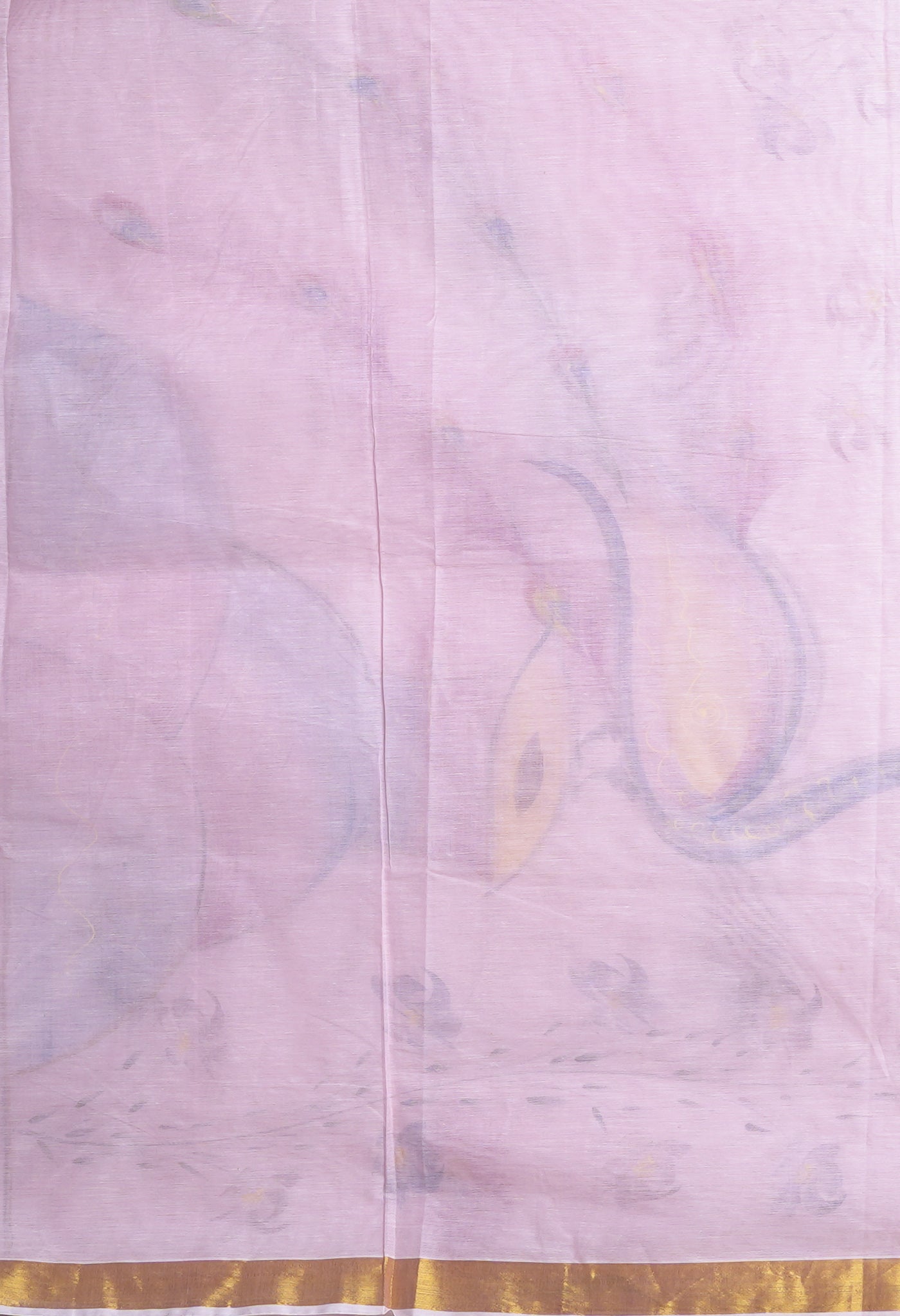 Ivory-Baby Pink Pure Brush Painted Kerala Kasavu Cotton Saree-UNM82337