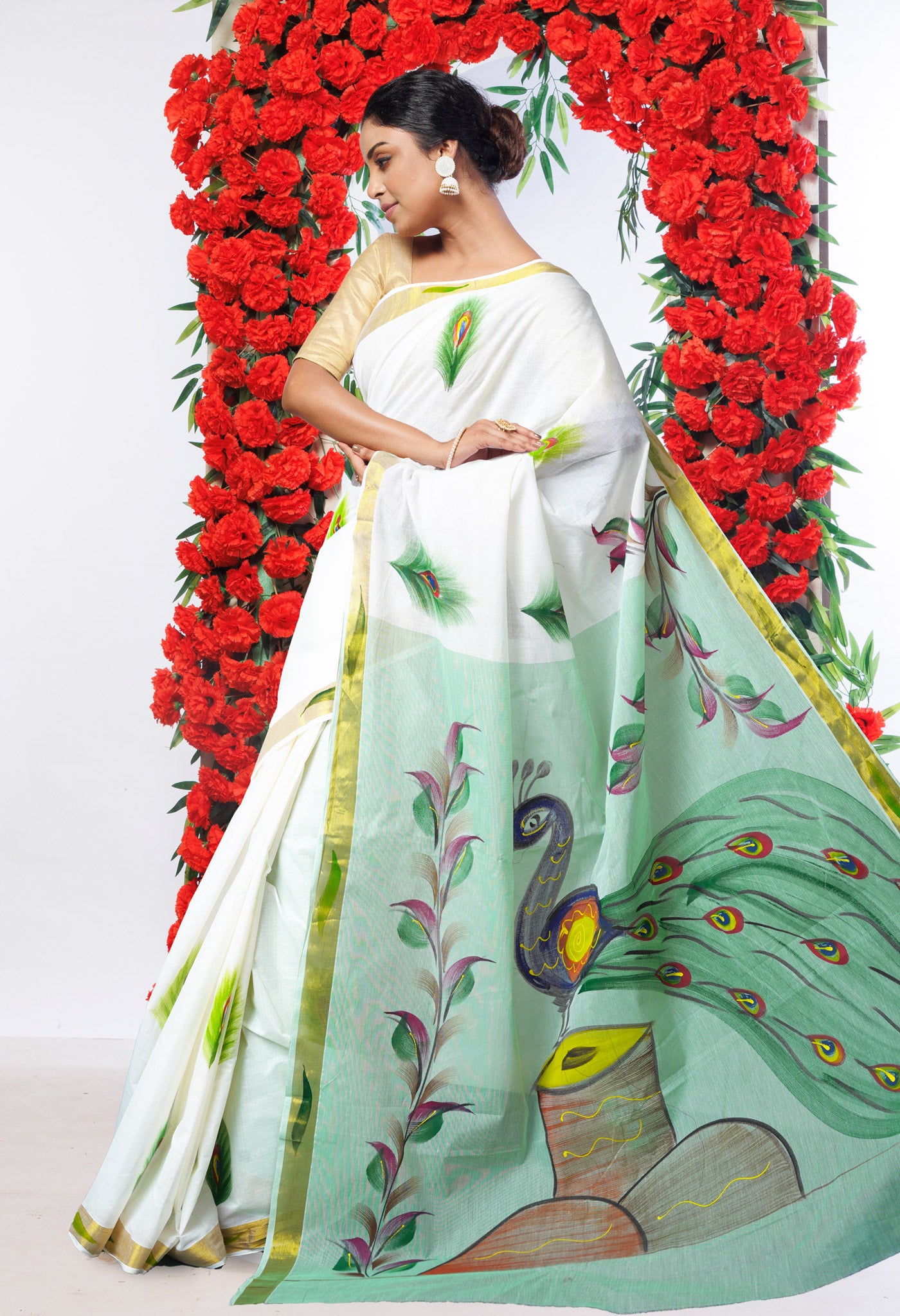 Ivory-Mint Green Pure Brush Painted Kerala Kasavu Cotton Saree-UNM82339