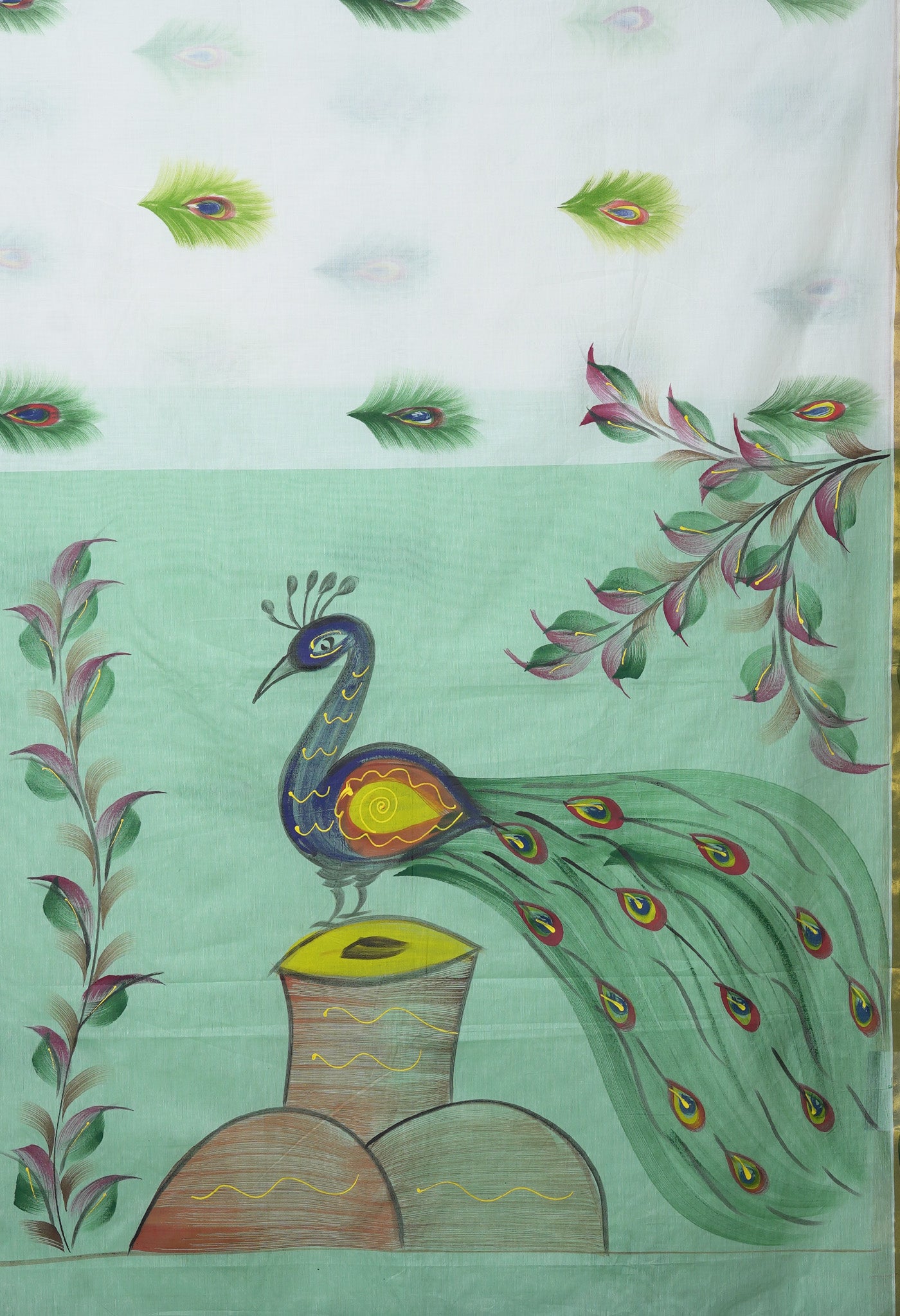 Ivory-Mint Green Pure Brush Painted Kerala Kasavu Cotton Saree-UNM82339