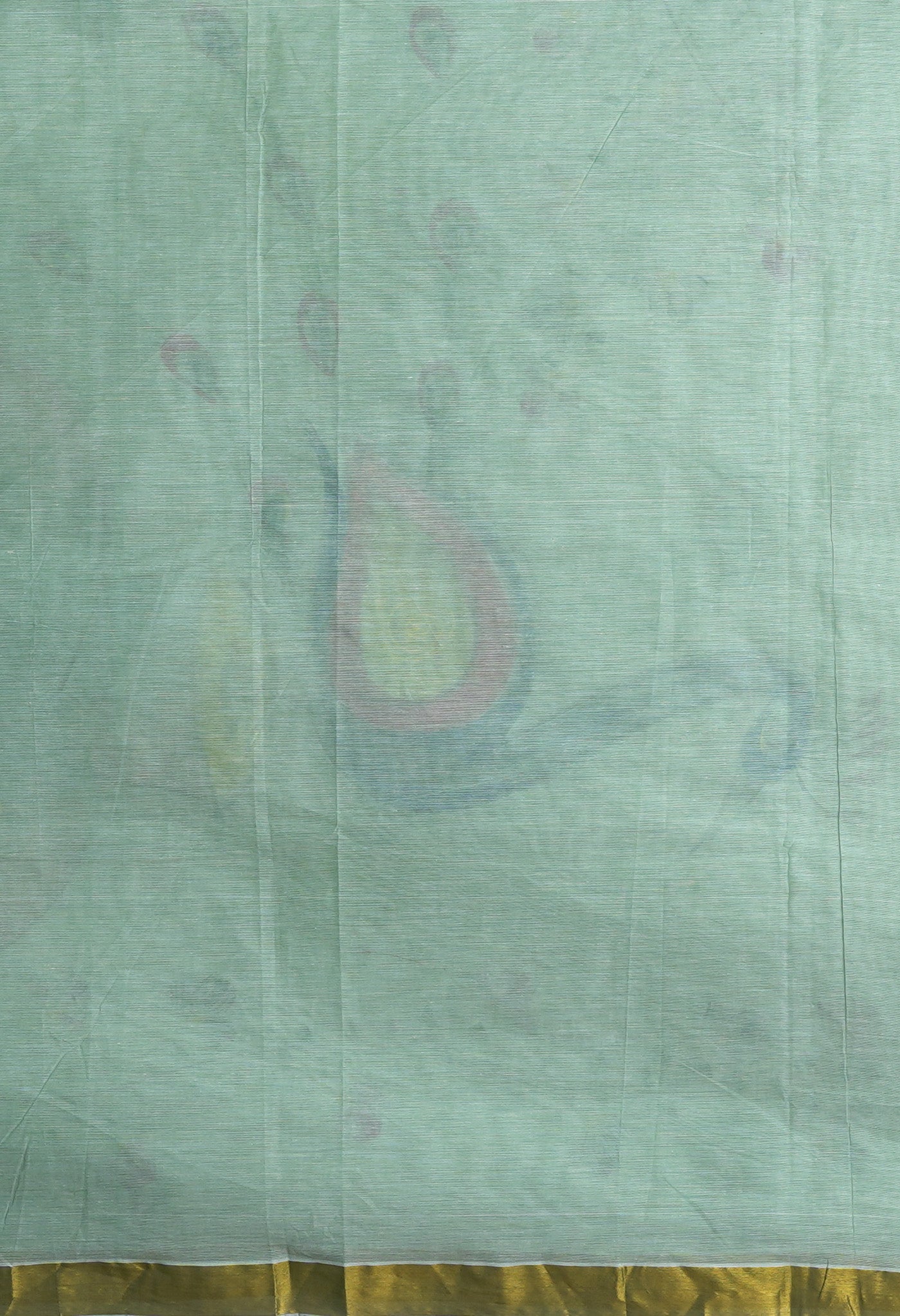 Ivory-Mint Green Pure Brush Painted Kerala Kasavu Cotton Saree-UNM82339
