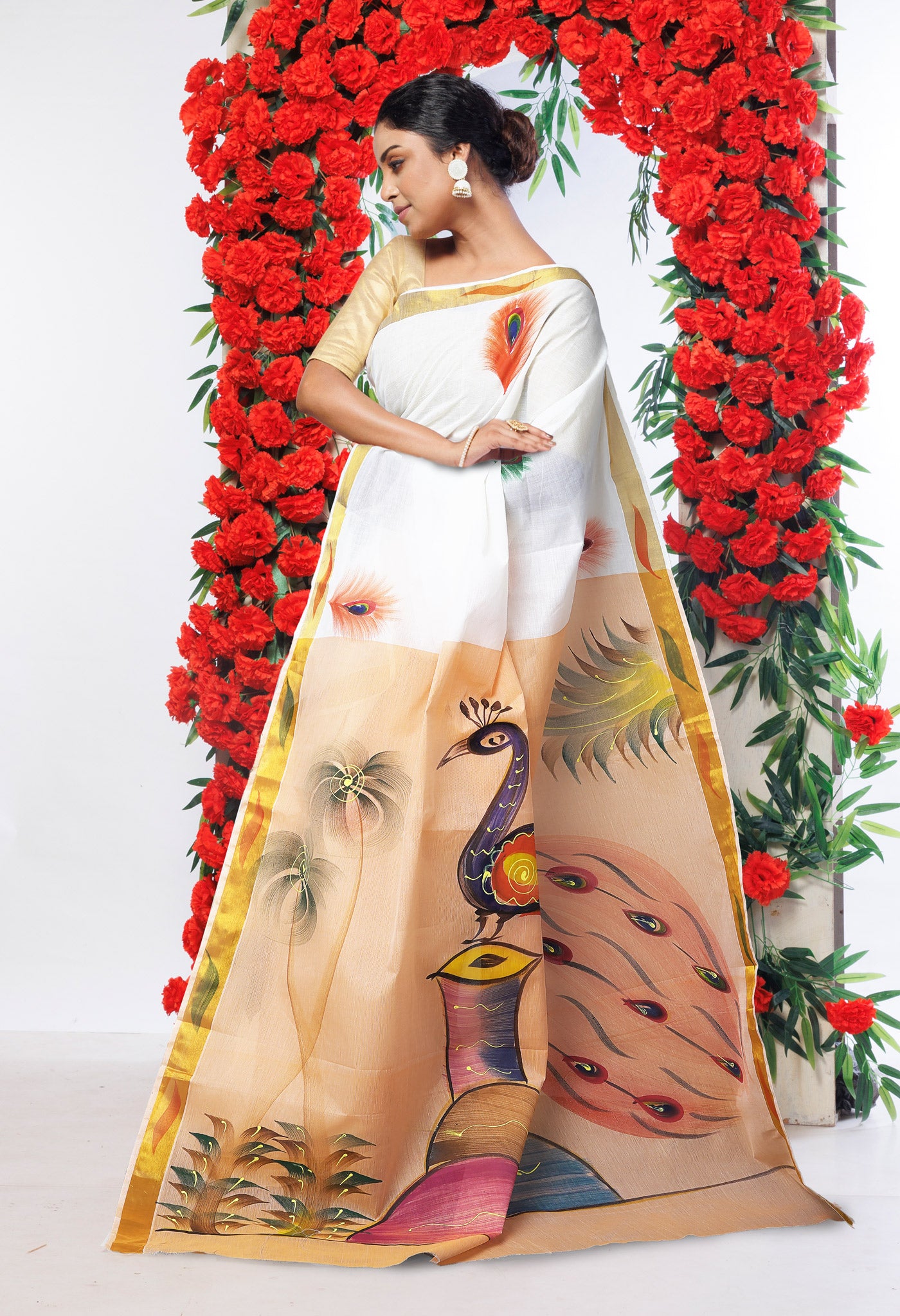 Ivory-Pastel Orange Pure Brush Painted Kerala Kasavu Cotton Saree-UNM82340