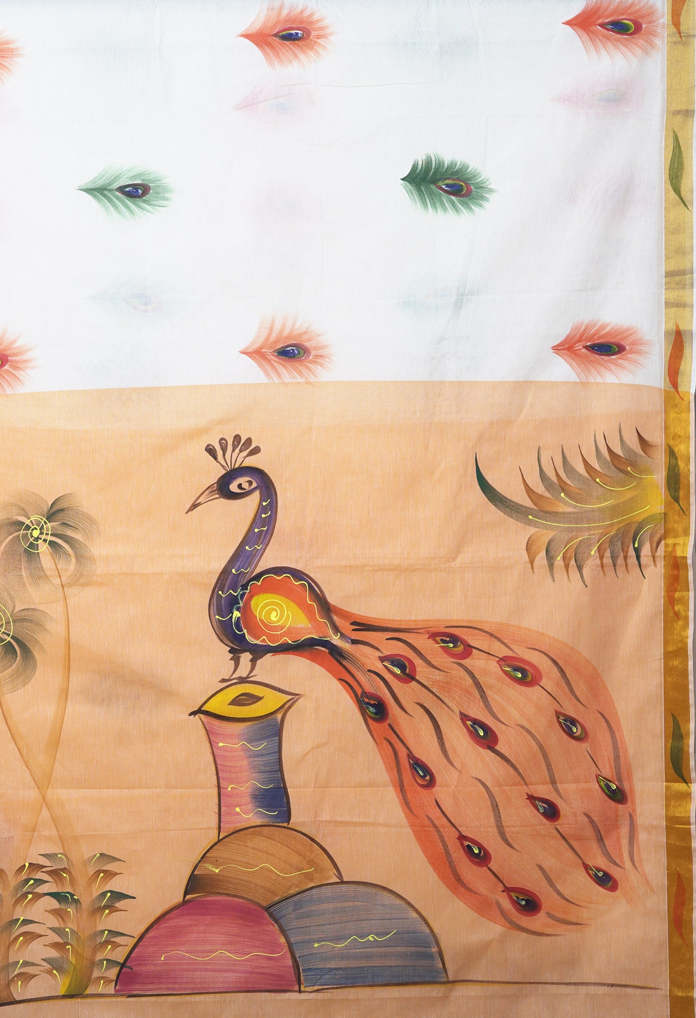 Ivory-Pastel Orange Pure Brush Painted Kerala Kasavu Cotton Saree-UNM82340