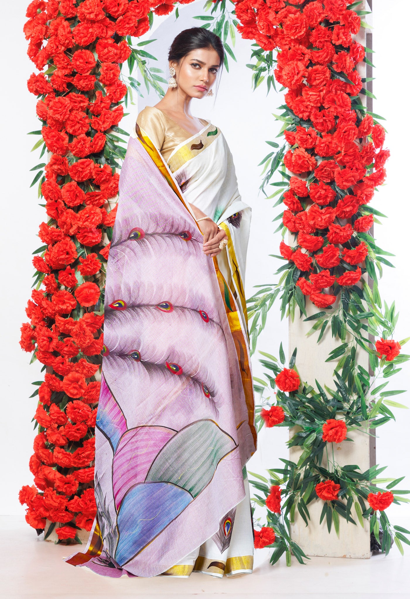 Ivory-Pale Maroon Pure Brush Painted Kerala Kasavu Cotton Saree-UNM82341