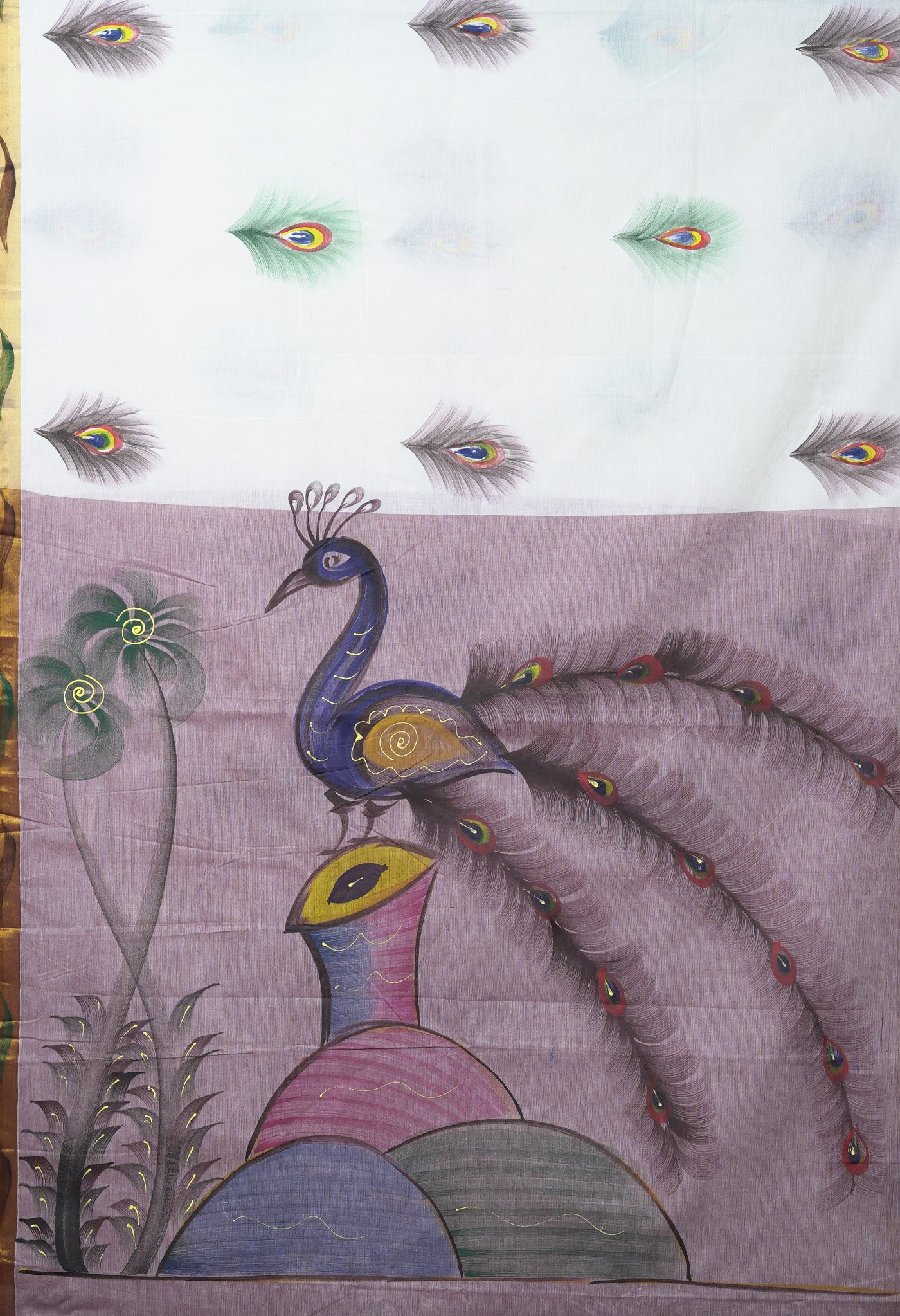Ivory-Pale Maroon Pure Brush Painted Kerala Kasavu Cotton Saree-UNM82341