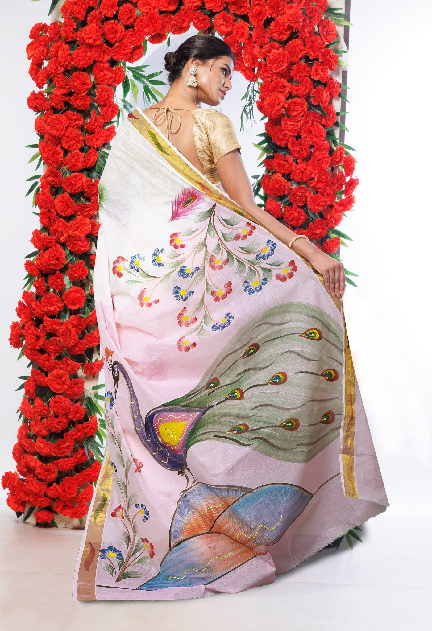 Ivory-Baby Pink Pure Brush Painted Kerala Kasavu Cotton Saree-UNM82342