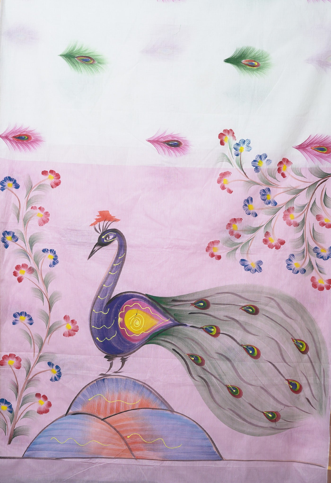 Ivory-Baby Pink Pure Brush Painted Kerala Kasavu Cotton Saree-UNM82342