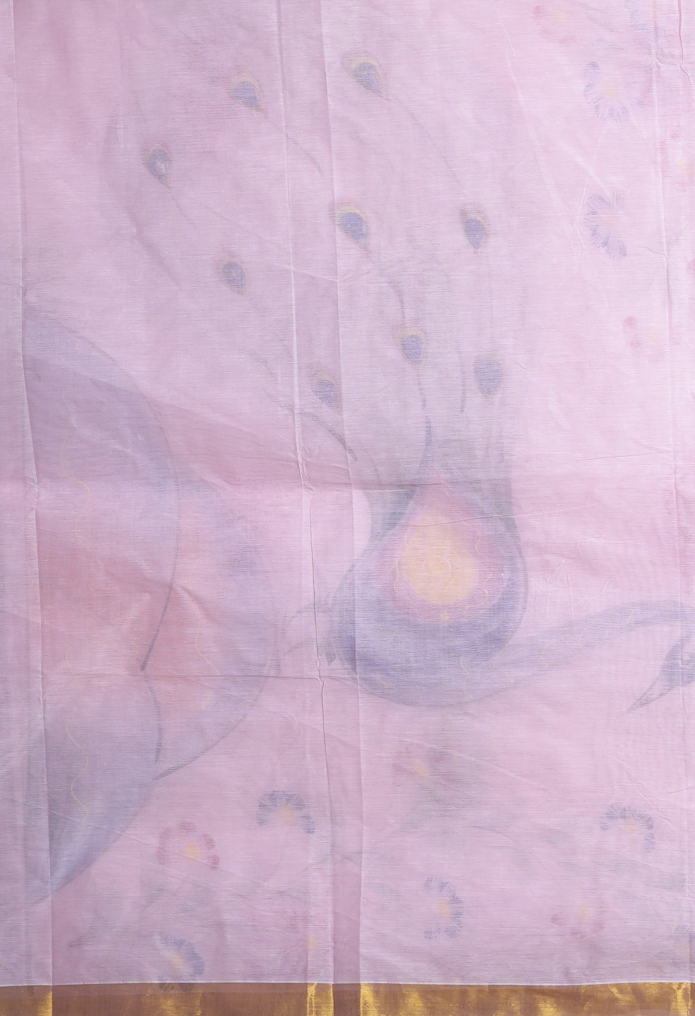 Ivory-Baby Pink Pure Brush Painted Kerala Kasavu Cotton Saree-UNM82342