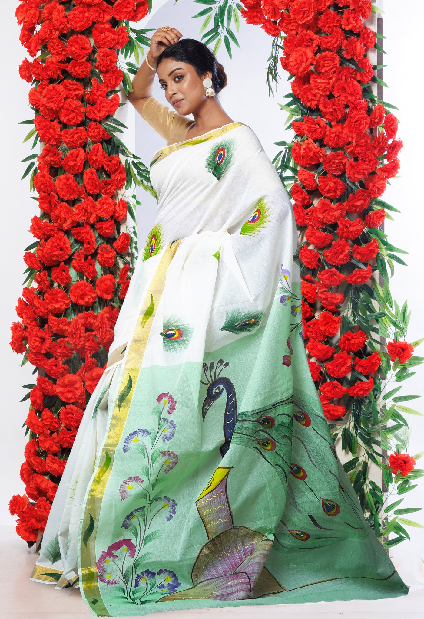 Ivory-Mint Green Pure Brush Painted Kerala Kasavu Cotton Saree-UNM82343