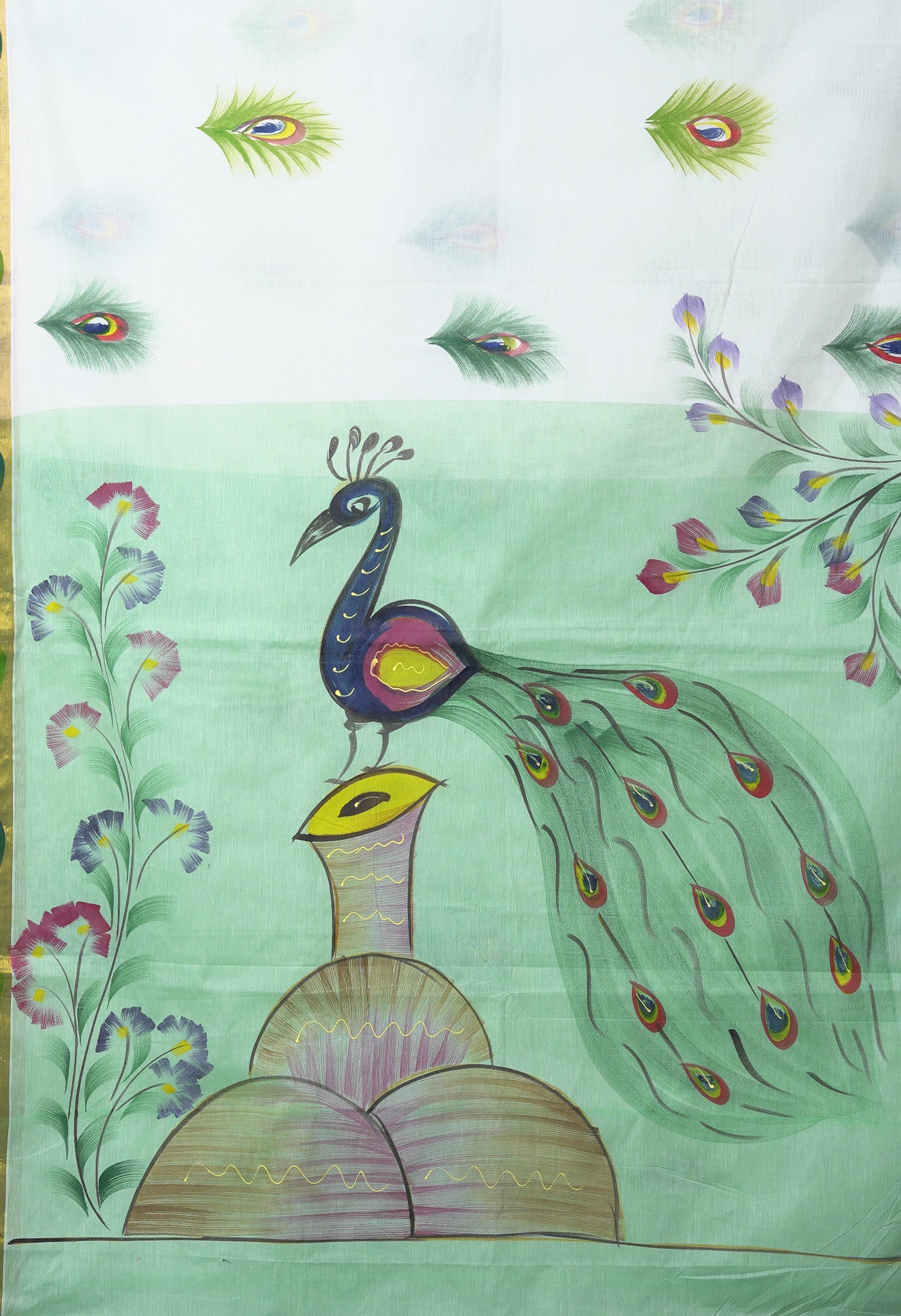 Ivory-Mint Green Pure Brush Painted Kerala Kasavu Cotton Saree-UNM82343