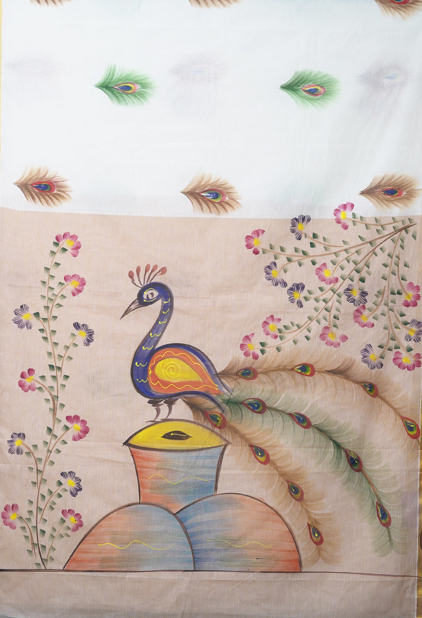 Ivory-Beige Pure Brush Painted Kerala Kasavu Cotton Saree-UNM82344