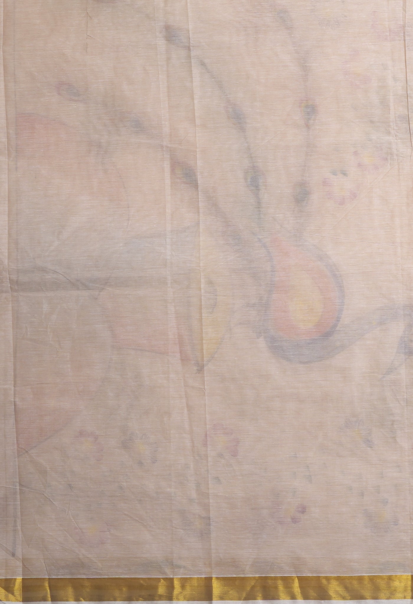 Ivory-Beige Pure Brush Painted Kerala Kasavu Cotton Saree-UNM82344