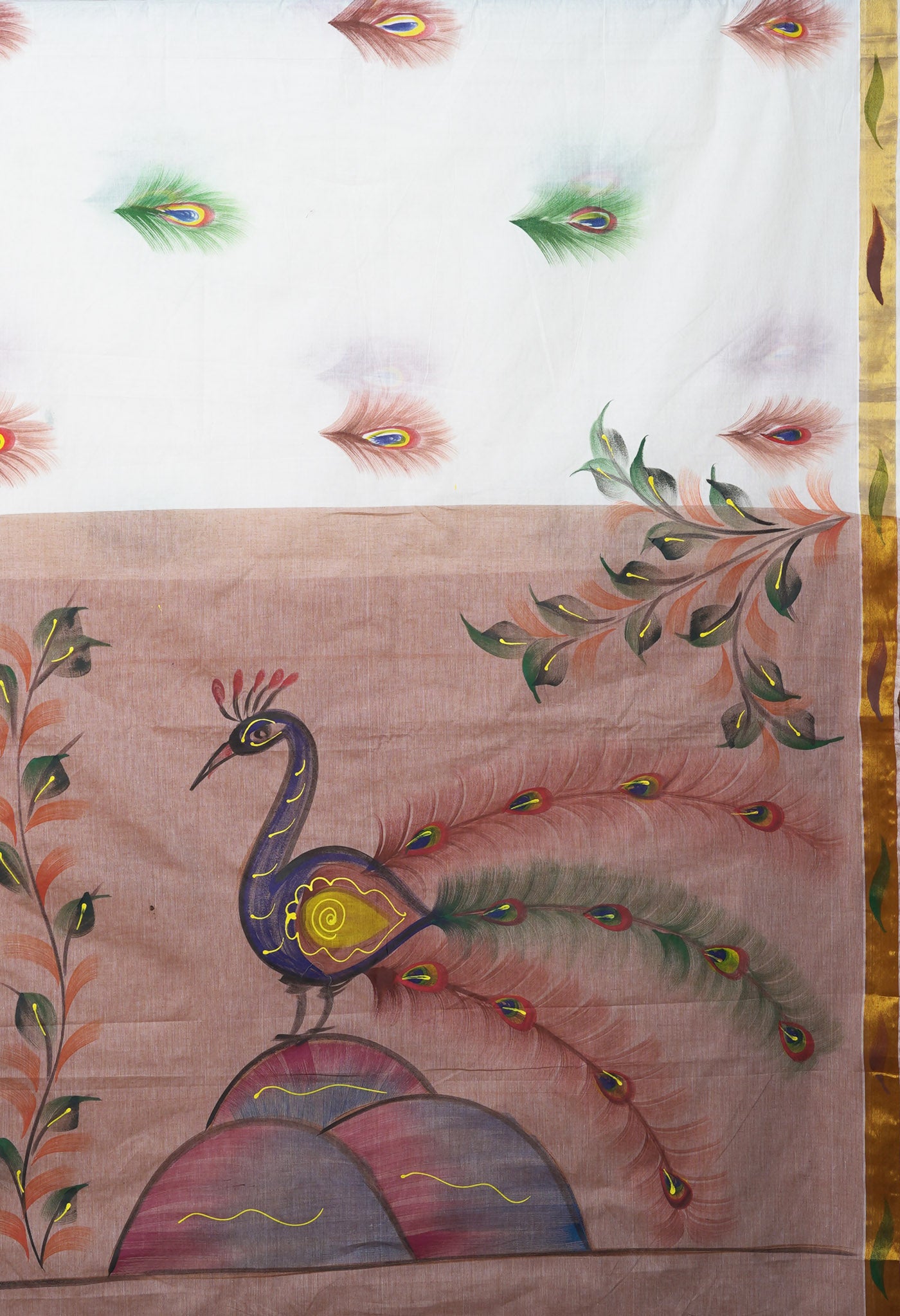 Ivory-Pale Orange Pure Brush Painted Kerala Kasavu Cotton Saree-UNM82346