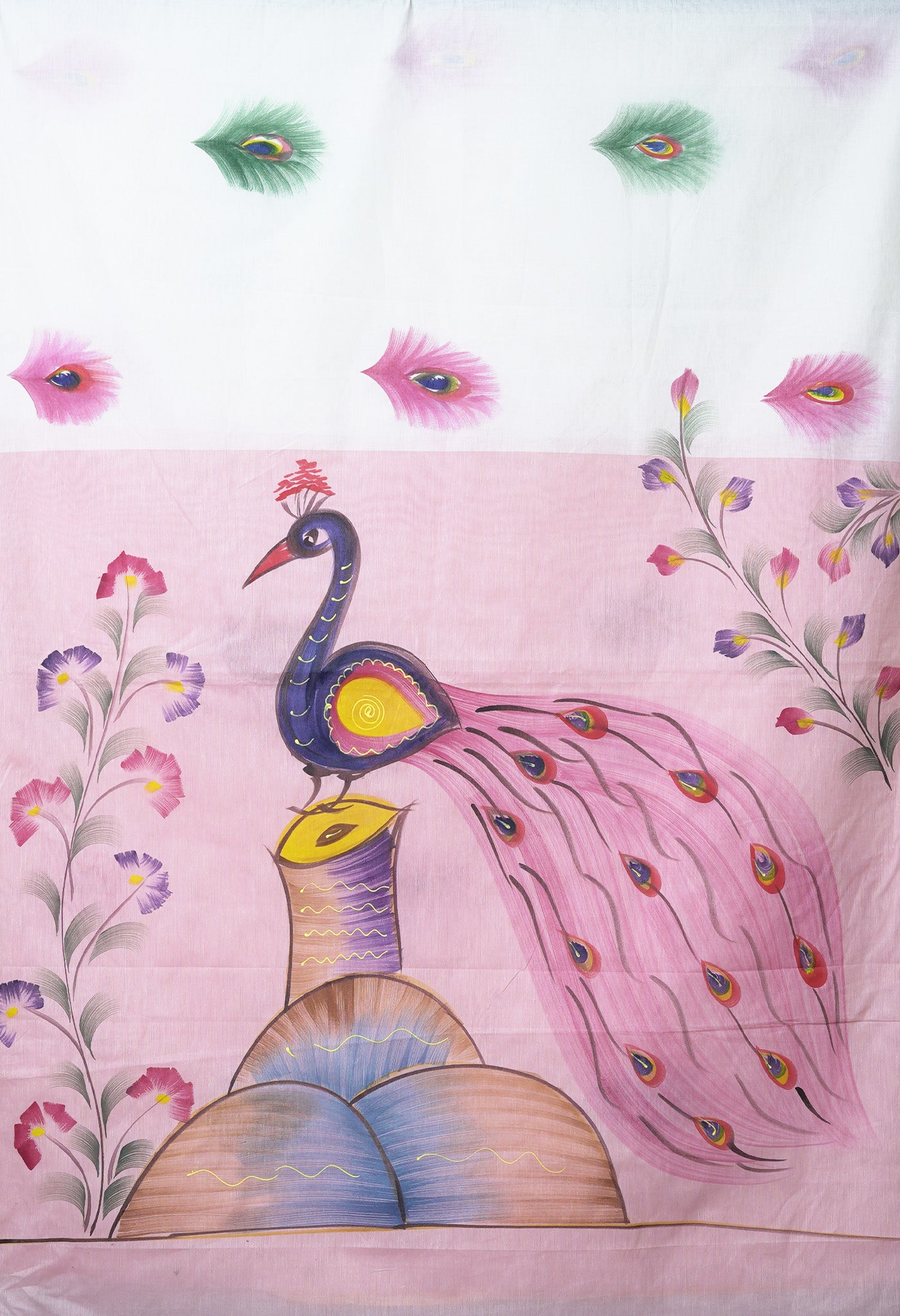Ivory-Baby Pink Pure Brush Painted Kerala Kasavu Cotton Saree-UNM82347