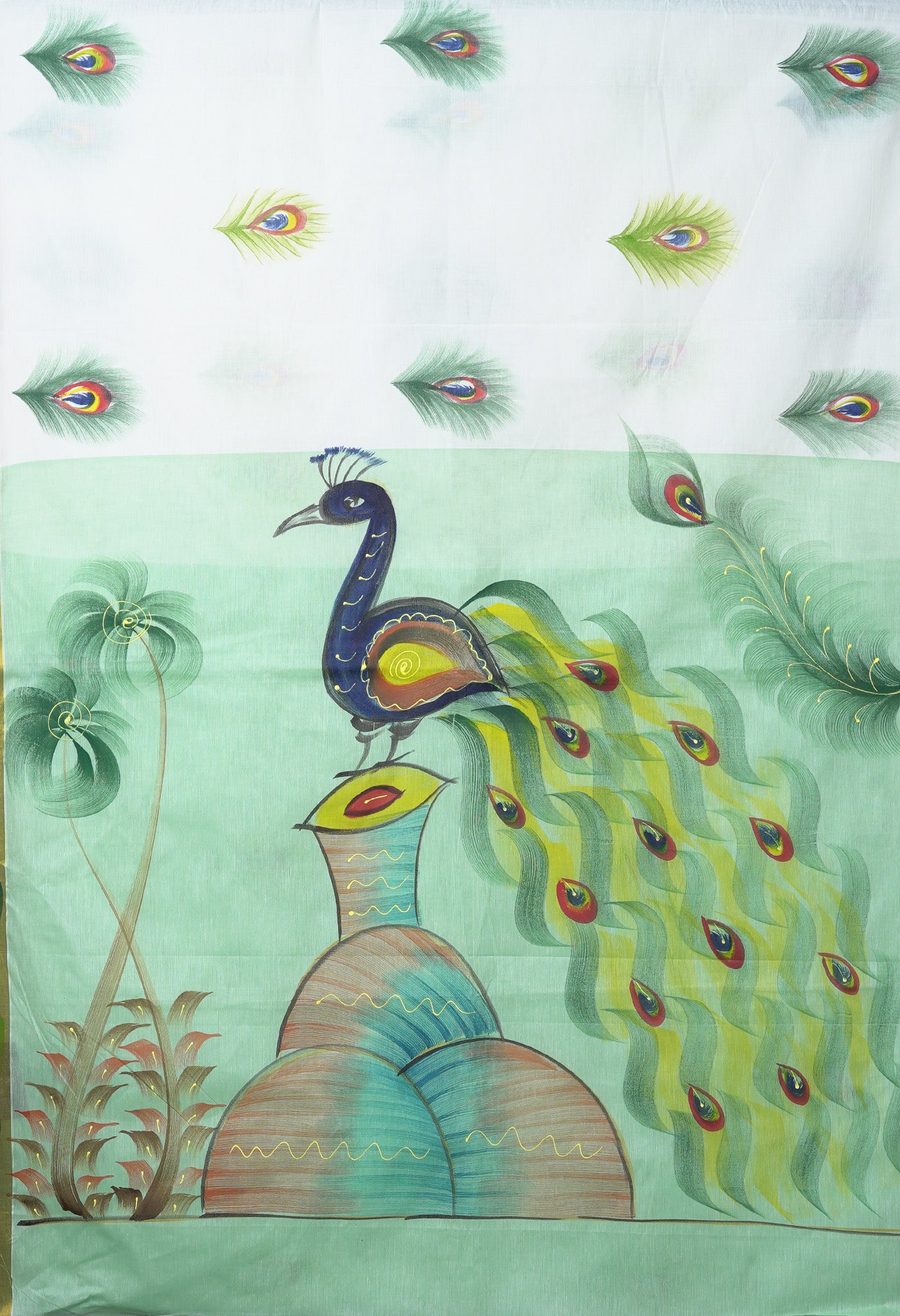 Ivory-Mint Green Pure Brush Painted Kerala Kasavu Cotton Saree-UNM82349