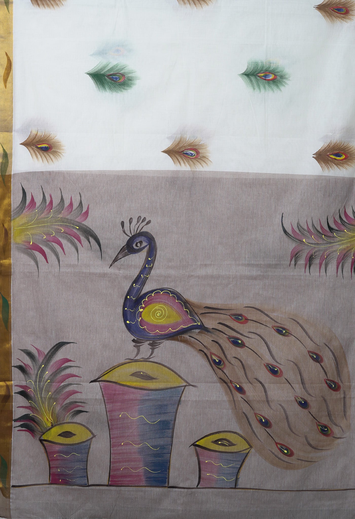 Ivory-Taupe Brown Pure Brush Painted Kerala Kasavu Cotton Saree-UNM82350