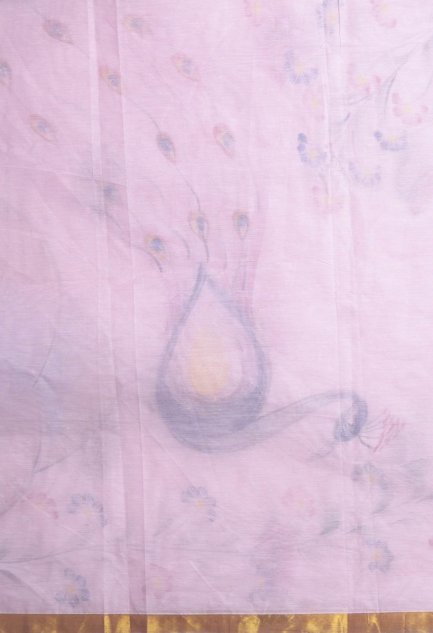 Ivory-Baby Pink Pure Brush Painted Kerala Kasavu Cotton Saree-UNM82351