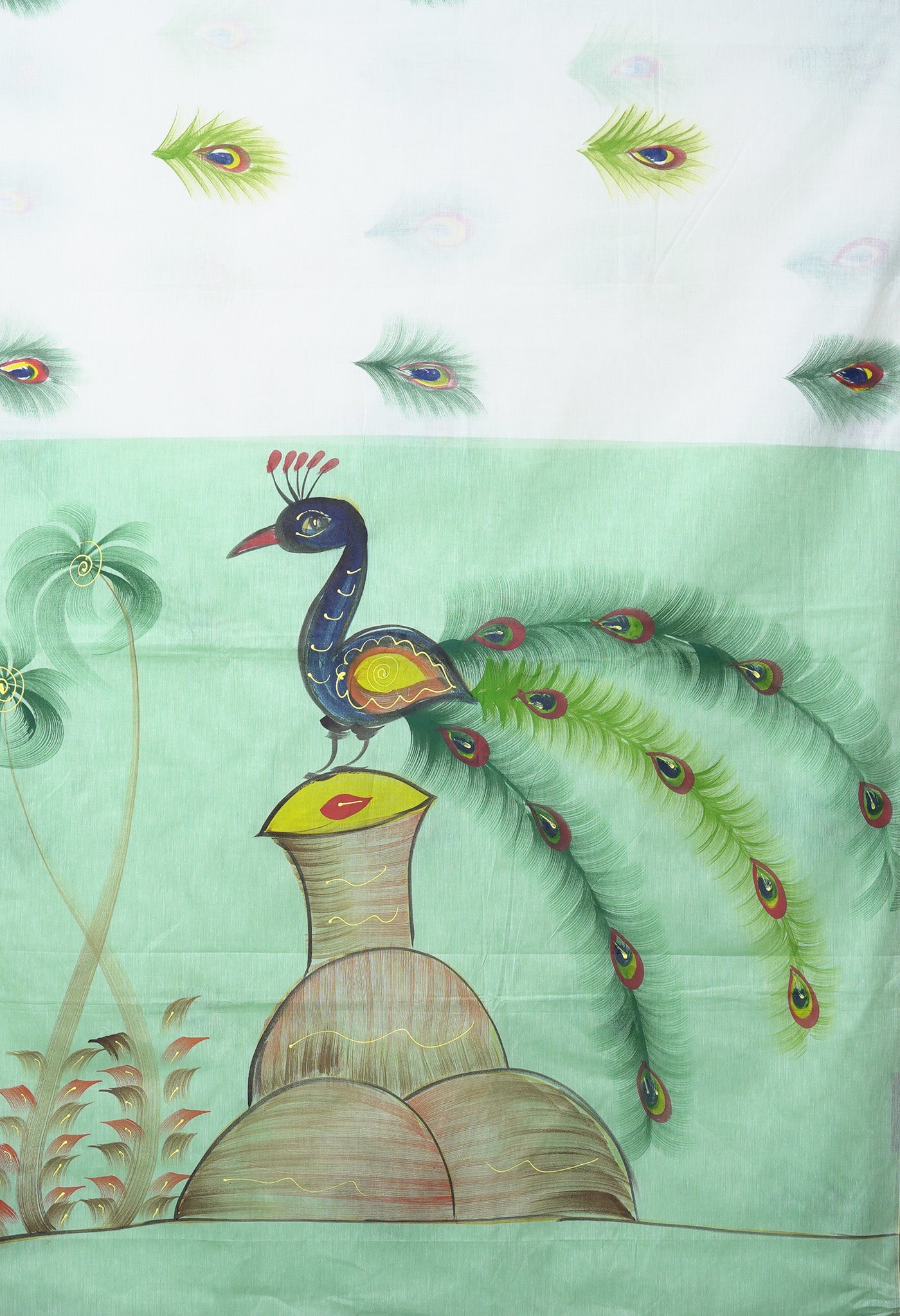 Ivory-Mint Green Pure Brush Painted Kerala Kasavu Cotton Saree-UNM82352