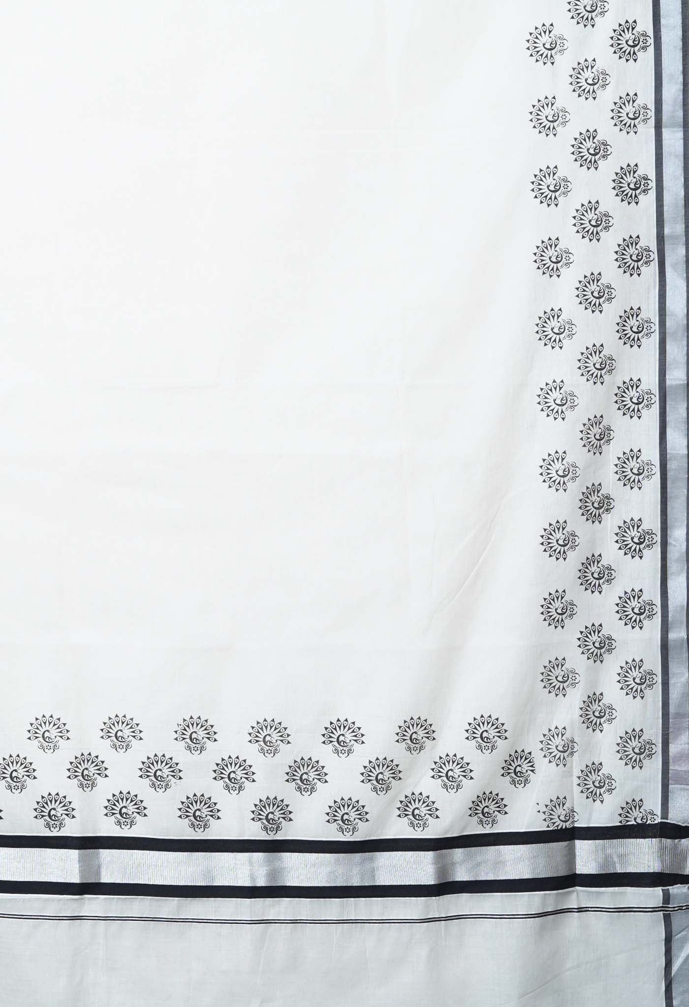 Ivory-Black Pure Digital Block Printed Kerala Kasavu Cotton Saree-UNM82354