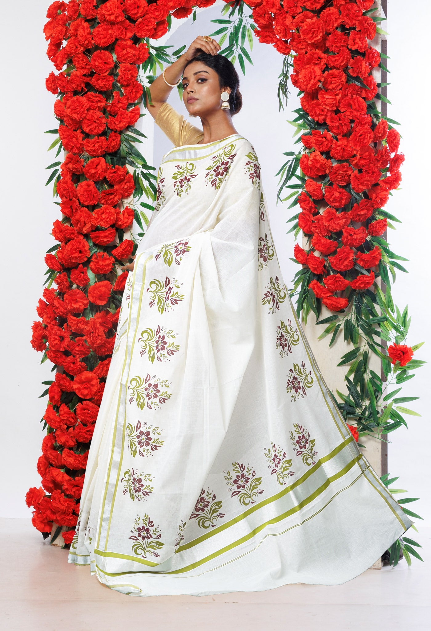 Ivory-Mehendi Green Pure Digital Block Printed Kerala Kasavu Cotton Saree-UNM82356