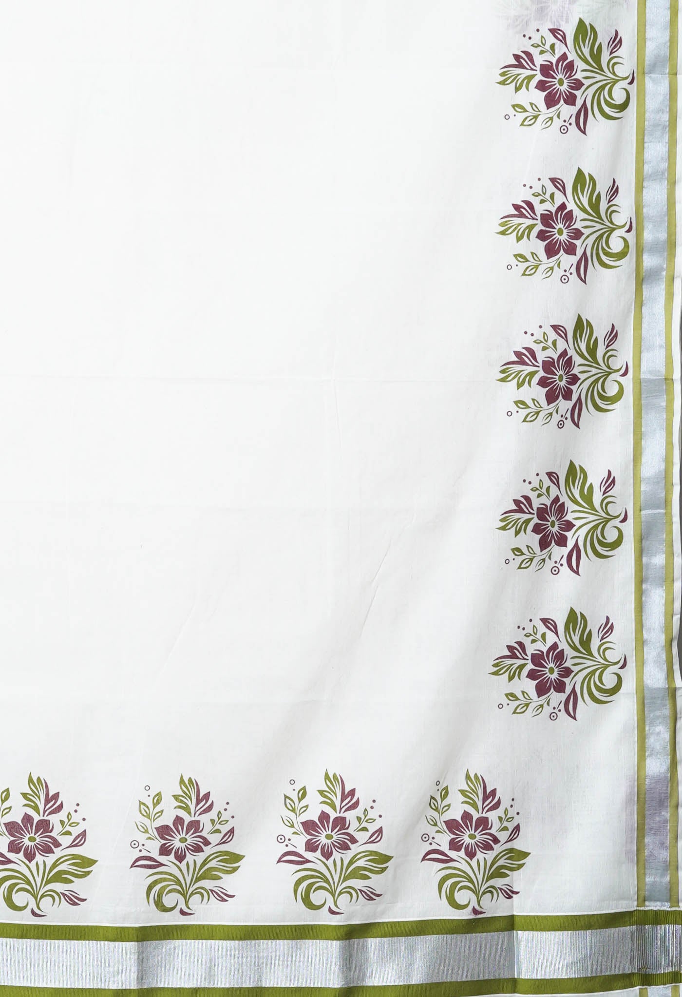 Ivory-Mehendi Green Pure Digital Block Printed Kerala Kasavu Cotton Saree-UNM82356