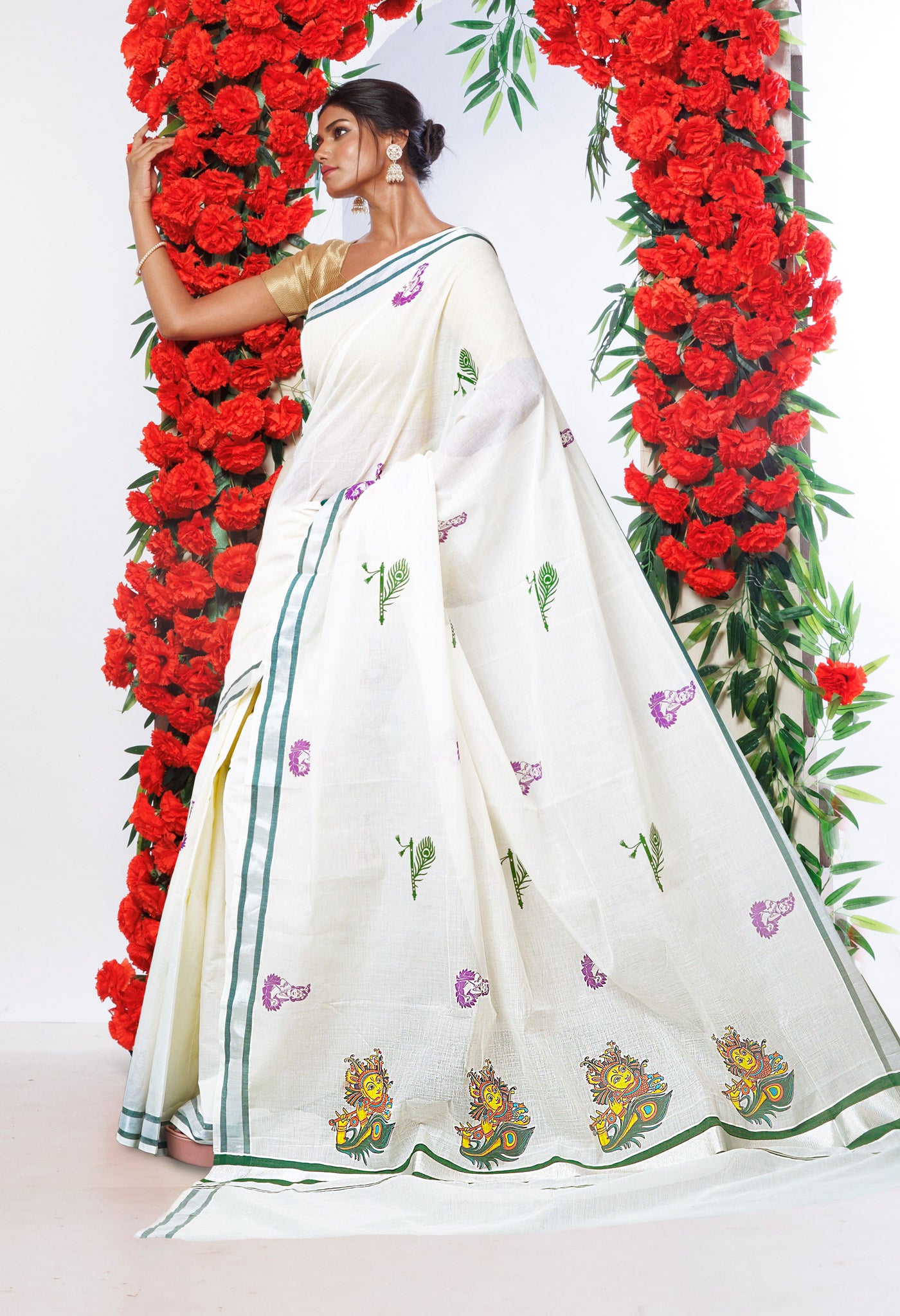Ivory-Black Pure Digital Block Printed Kerala Kasavu Cotton Saree-UNM82357