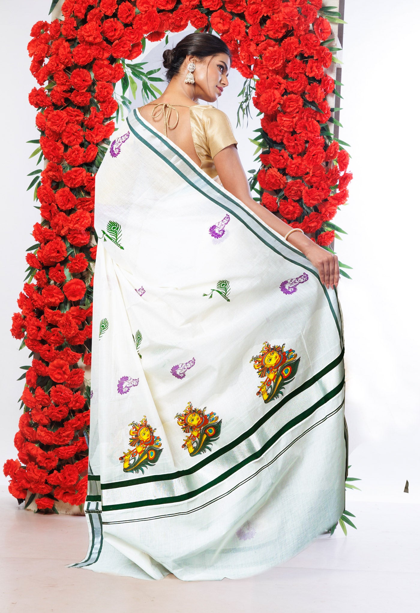 Ivory-Black Pure Digital Block Printed Kerala Kasavu Cotton Saree-UNM82357