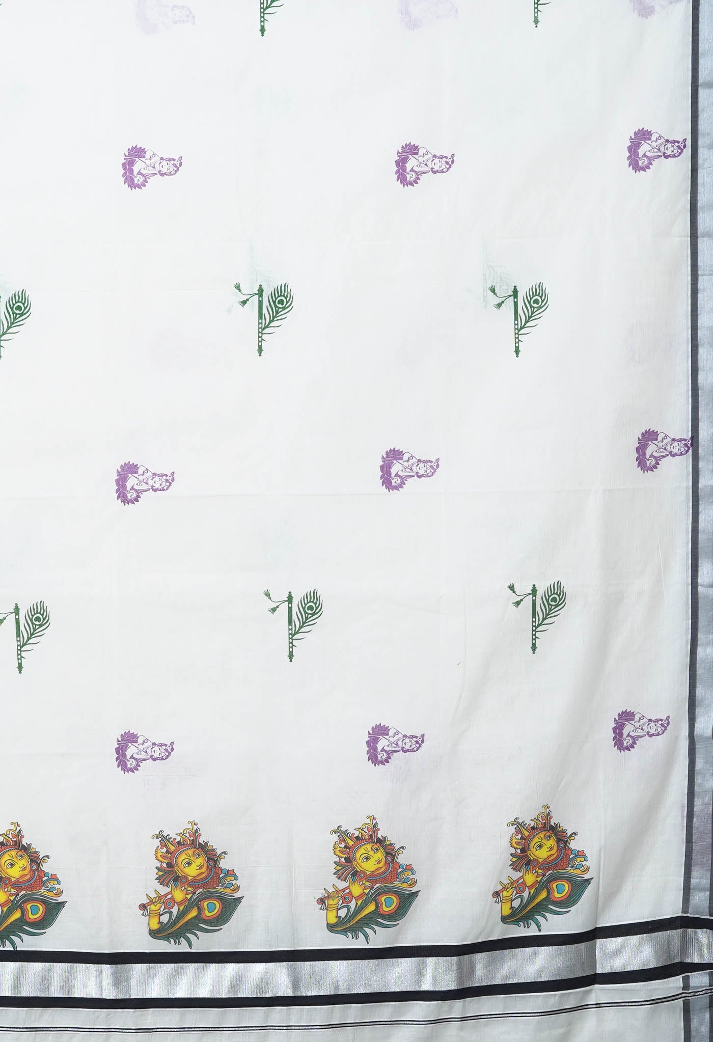 Ivory-Black Pure Digital Block Printed Kerala Kasavu Cotton Saree-UNM82357