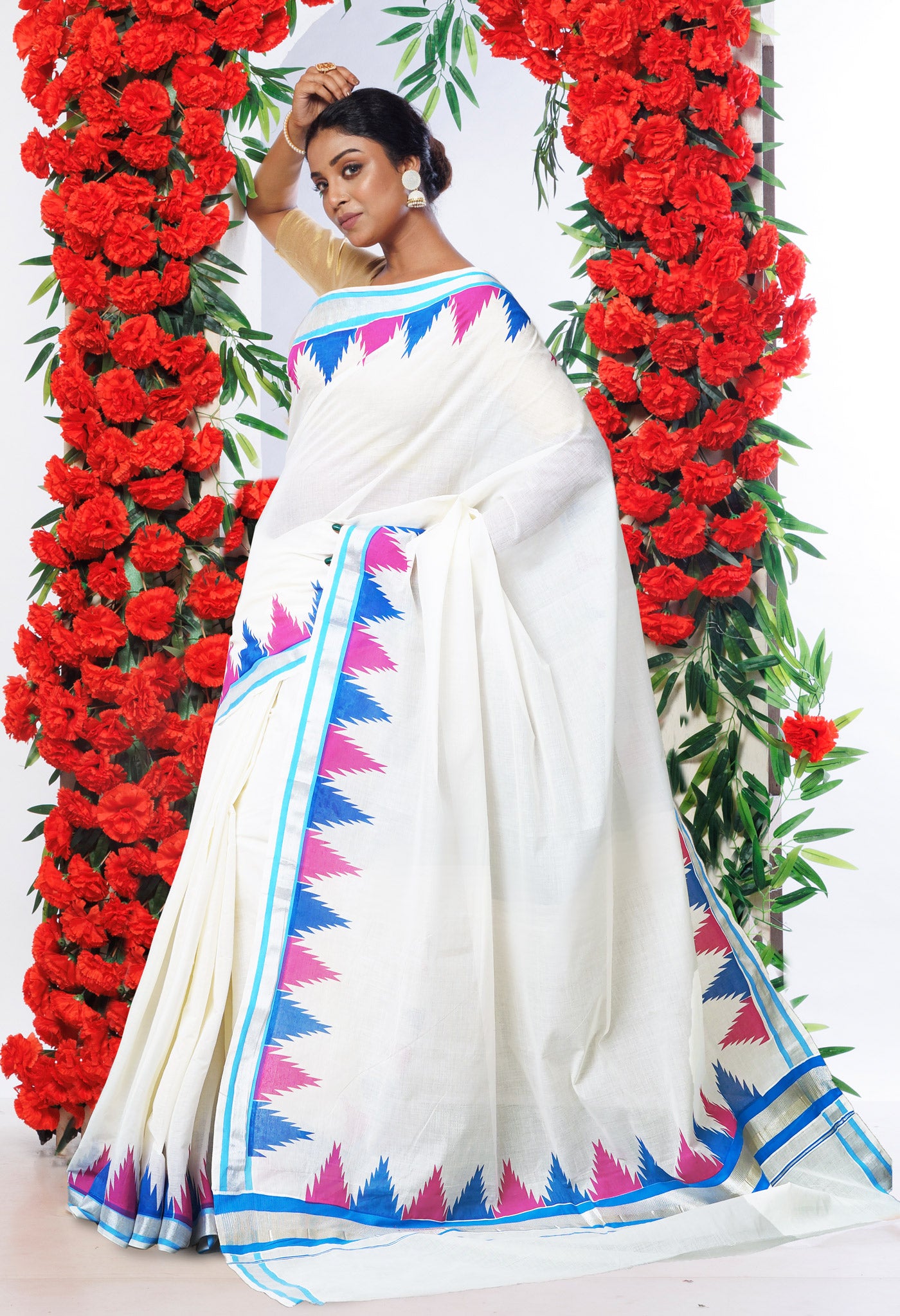 Ivory-Blue Pure Digital Block Printed Kerala Kasavu Cotton Saree-UNM82358