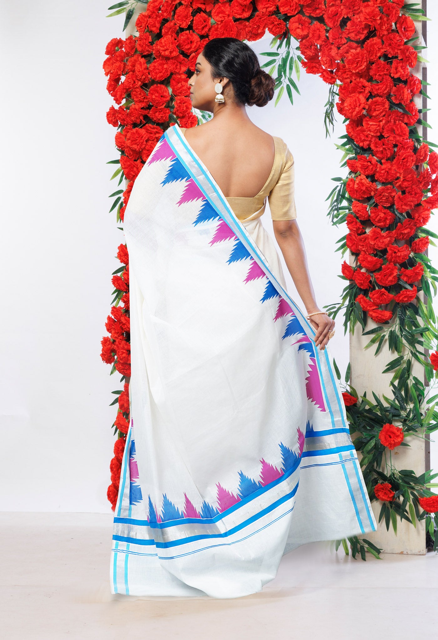 Ivory-Blue Pure Digital Block Printed Kerala Kasavu Cotton Saree-UNM82358