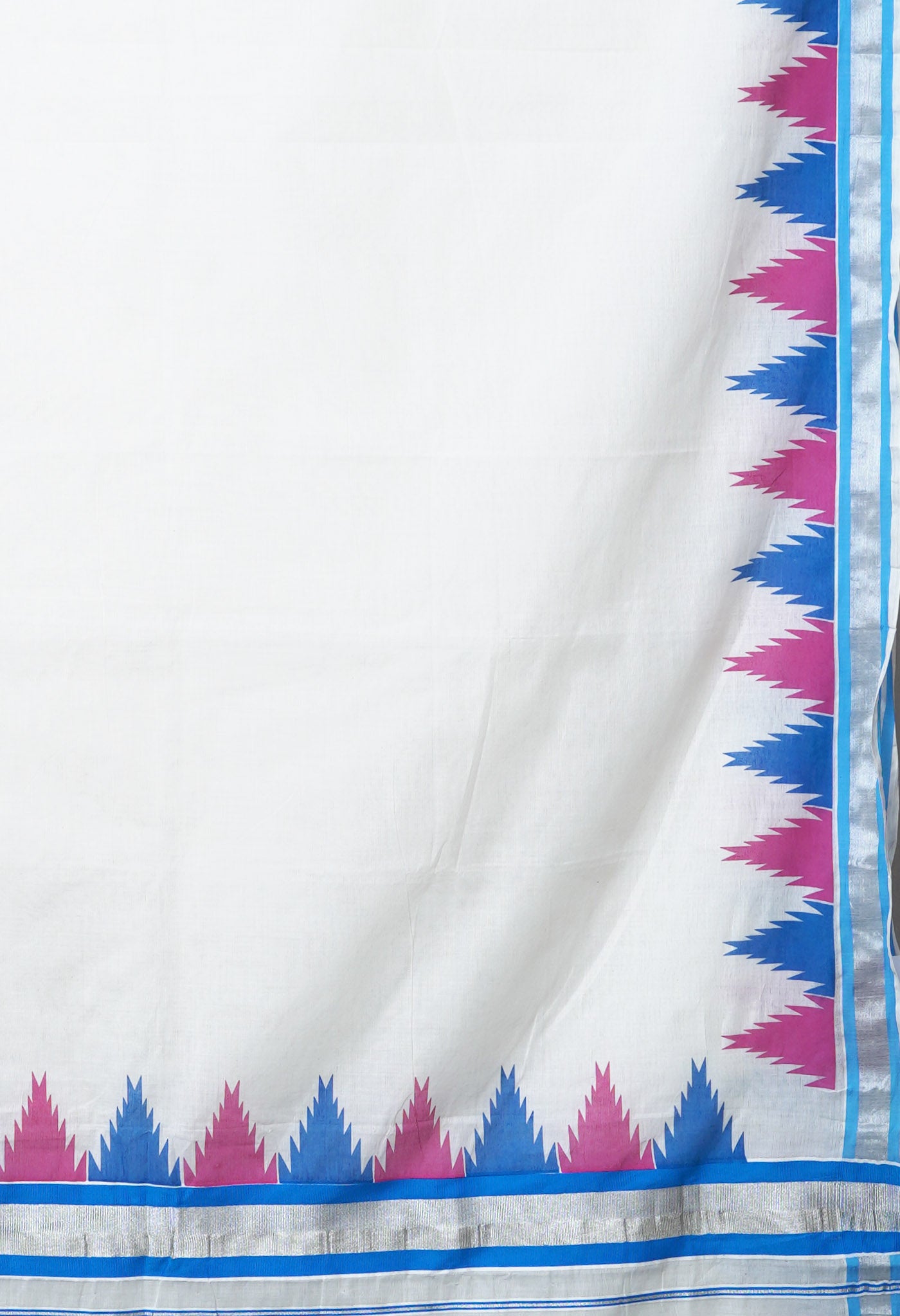 Ivory-Blue Pure Digital Block Printed Kerala Kasavu Cotton Saree-UNM82358