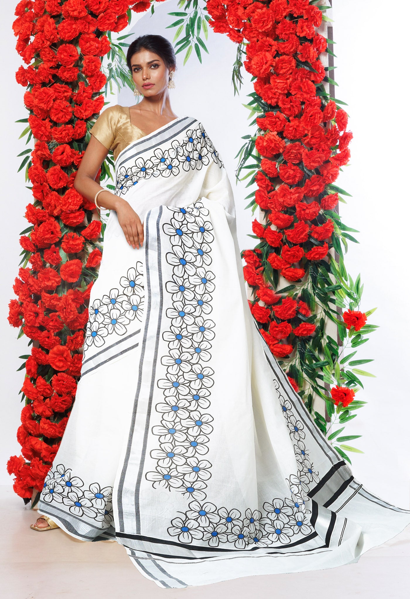 Ivory-Black Pure Digital Block Printed Kerala Kasavu Cotton Saree-UNM82359