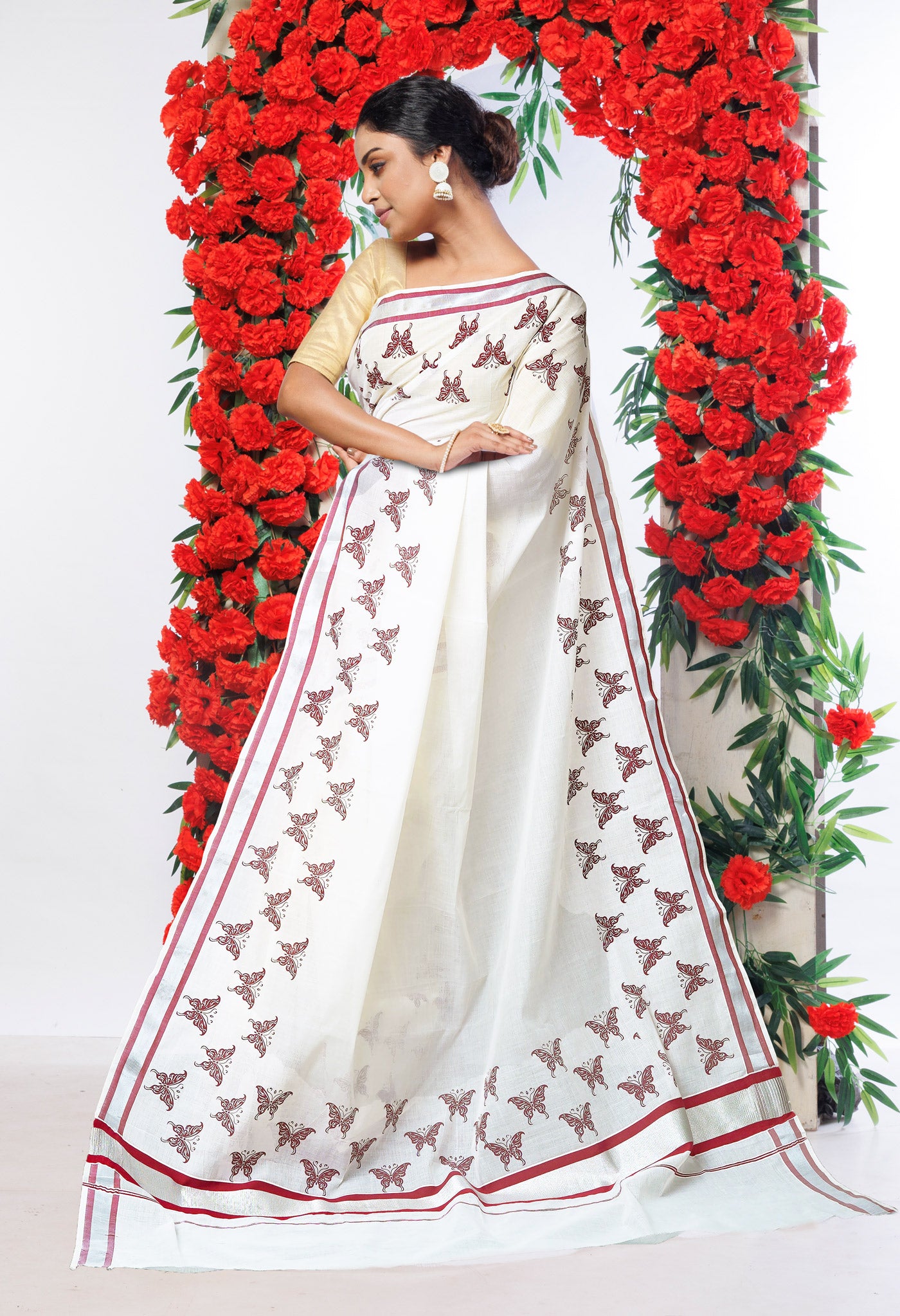 Ivory-Maroon Pure Digital Block Printed Kerala Kasavu Cotton Saree-UNM82360
