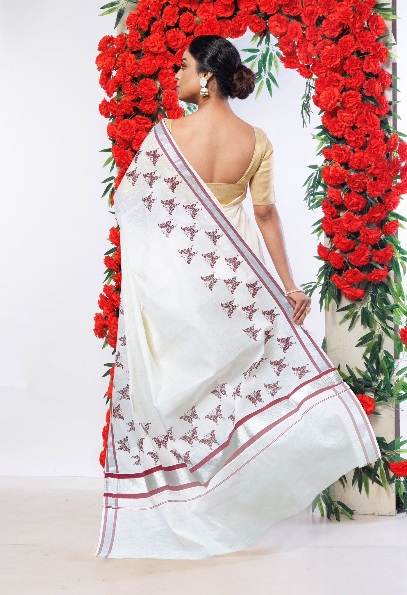 Ivory-Maroon Pure Digital Block Printed Kerala Kasavu Cotton Saree-UNM82360