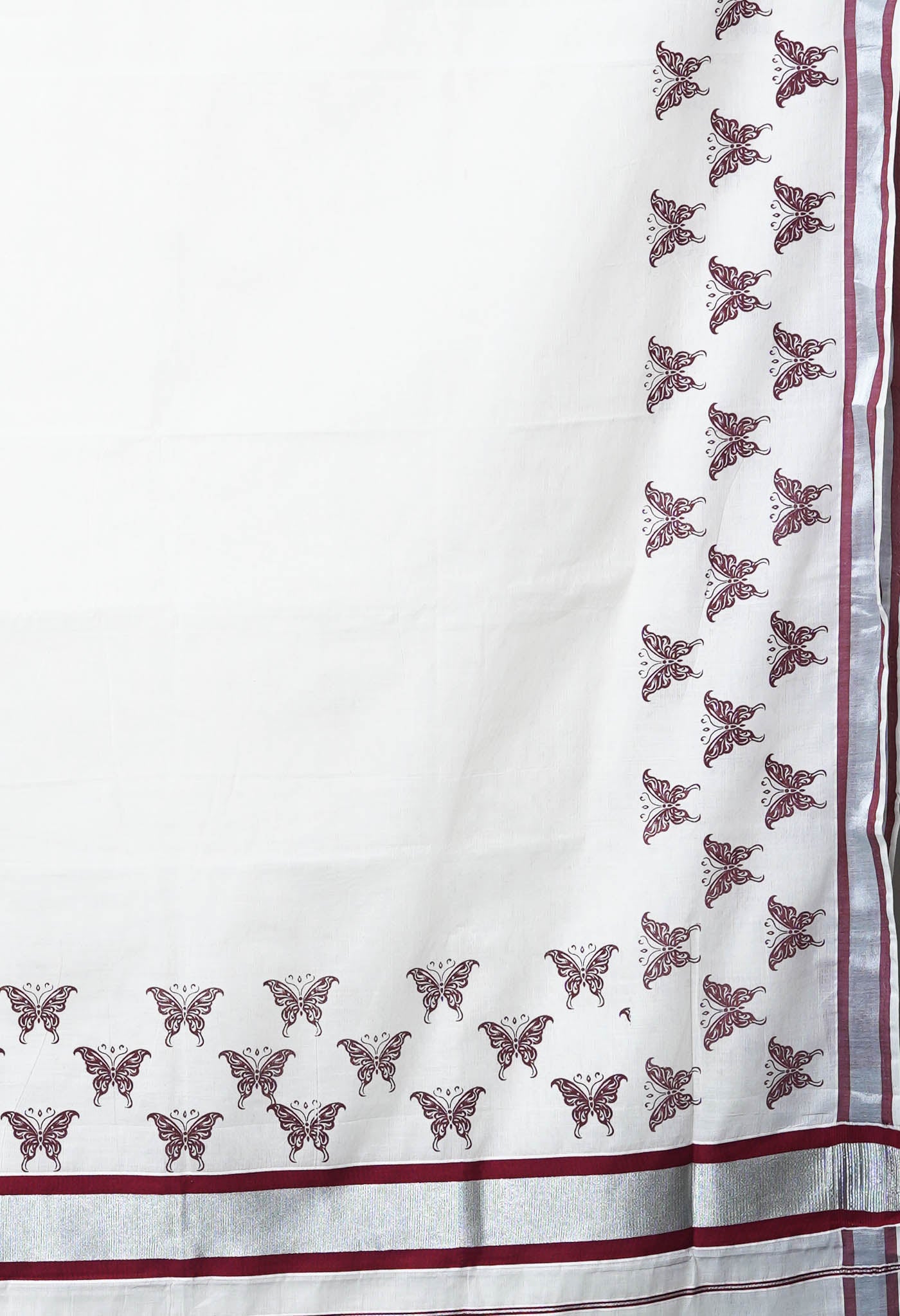 Ivory-Maroon Pure Digital Block Printed Kerala Kasavu Cotton Saree-UNM82360