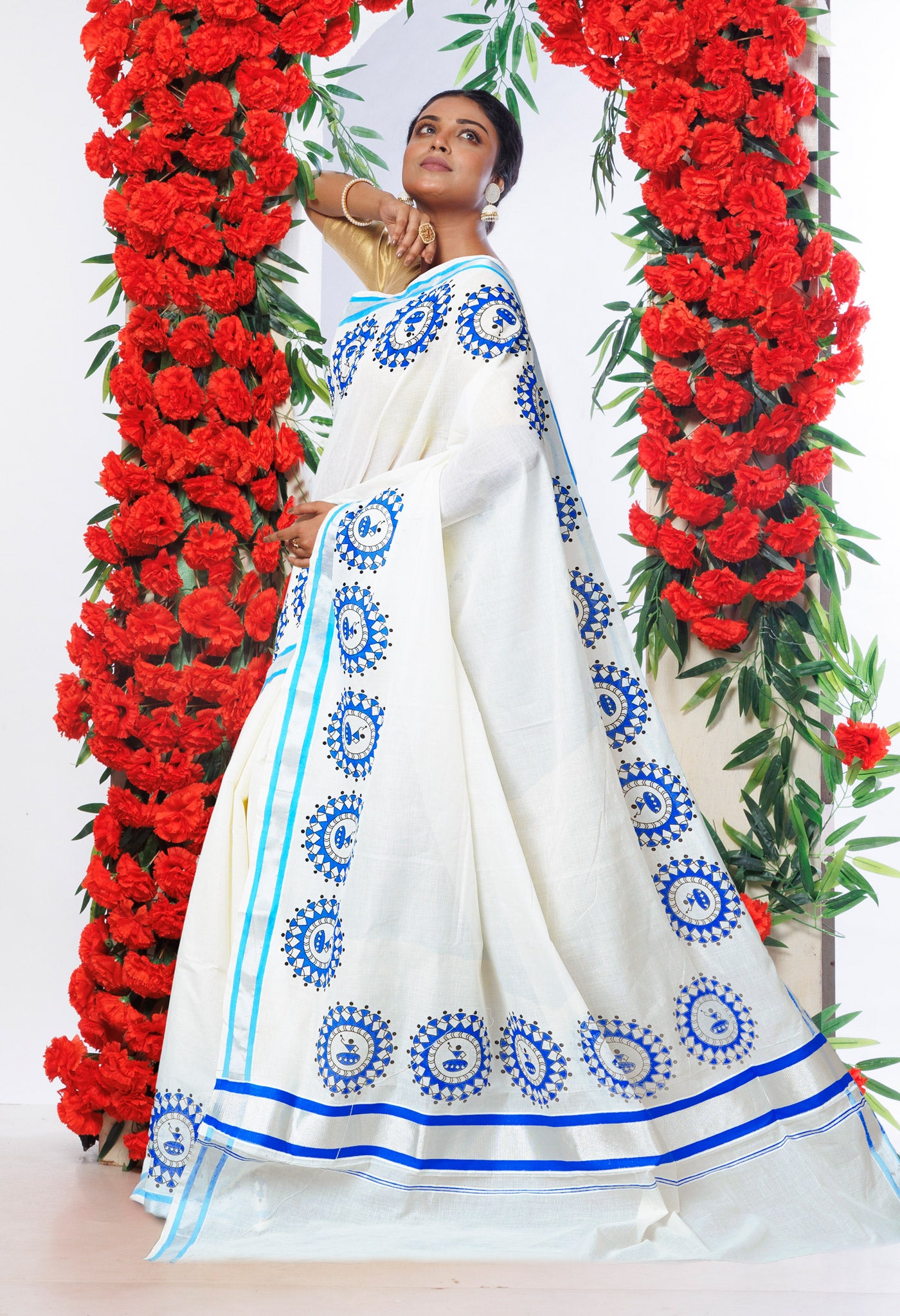 Ivory-Blue Pure Digital Block Printed Kerala Kasavu Cotton Saree-UNM82361