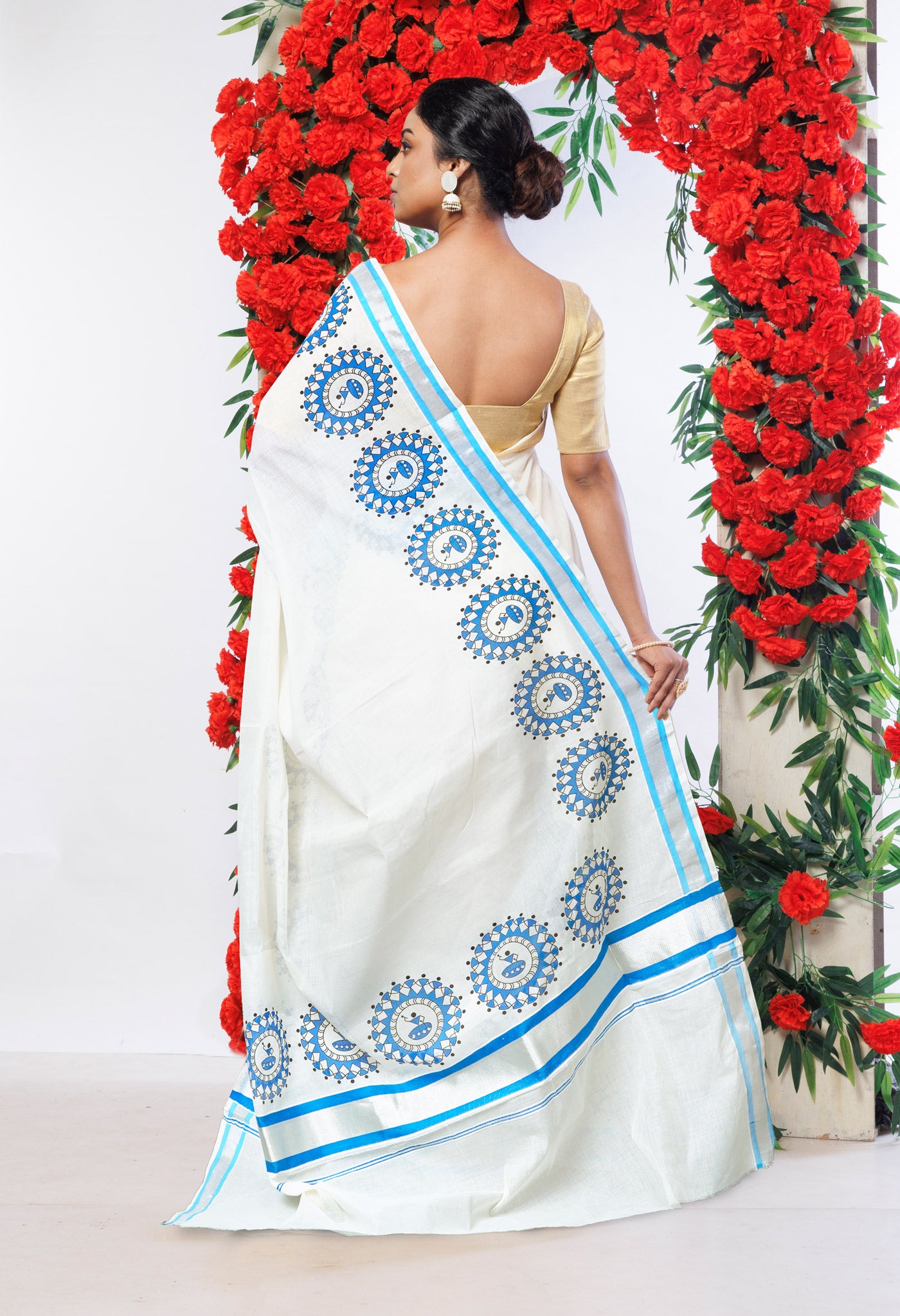 Ivory-Blue Pure Digital Block Printed Kerala Kasavu Cotton Saree-UNM82361